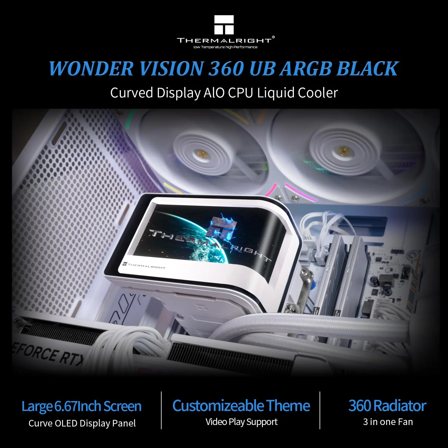 Thermalrlght Wonder Vision 360 UB ARGB White CPU Water Cooler,CPU Water Cooling System,6.67inch Curved Screen with 2400x1080 Resolution,for AM4/AM5,LGA1851/1700,7:3 Visual Scale Screen Ratio for 3D