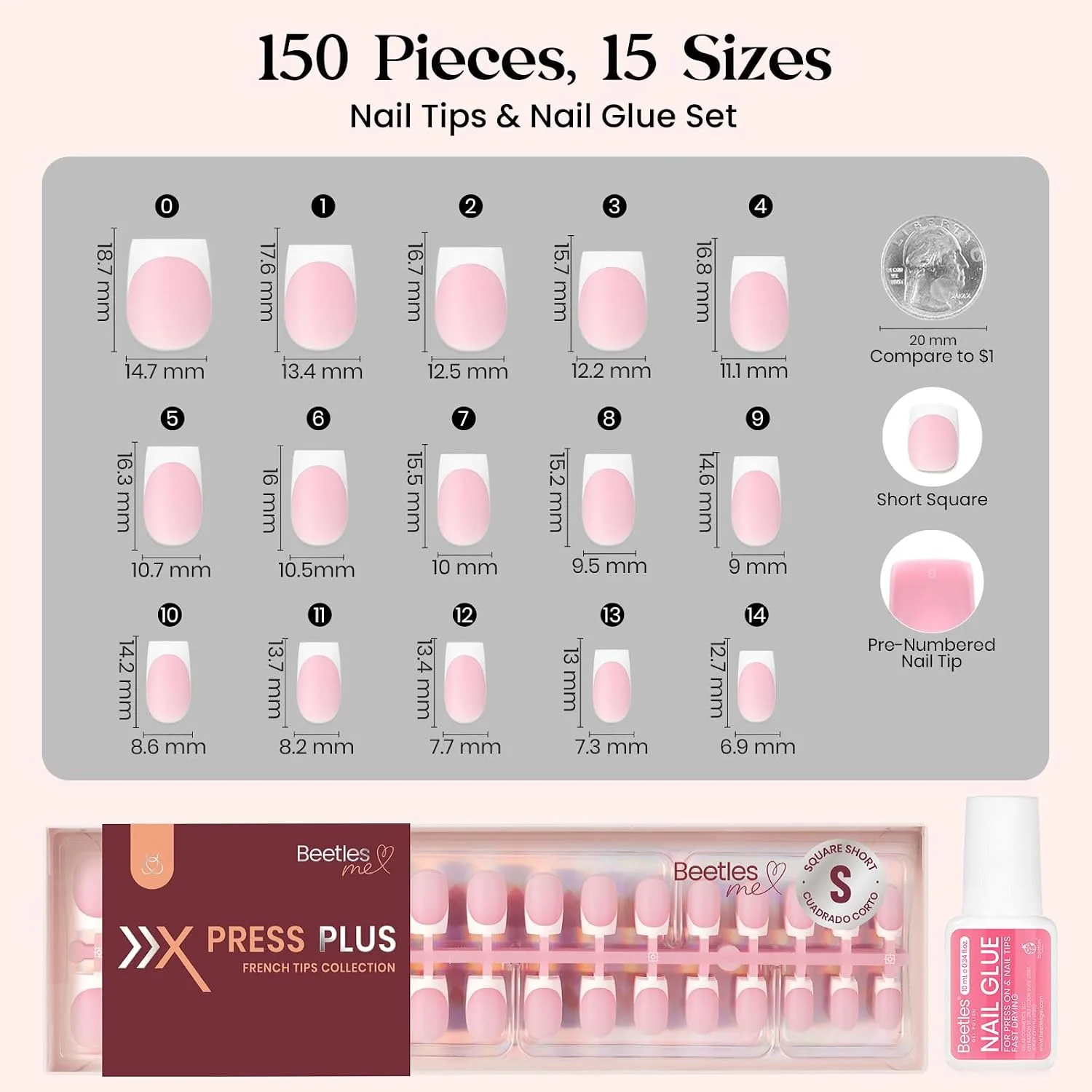 Beetles French Tip Press On Nails with Nail Glue, 150 Pcs Short Square