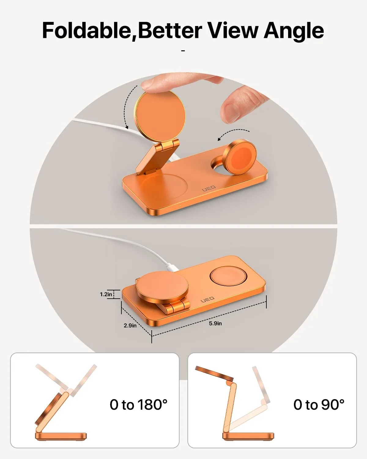 UEQ Foldable 3 in 1 Wireless Charging Station for Apple Mag Safe Charger Stand,Fast Magnetic Wireless Charger Station for iPhone 17 Air 16 15 14 13 12 Series,Airpods Pro,Apple Watch Ultra (Orange)