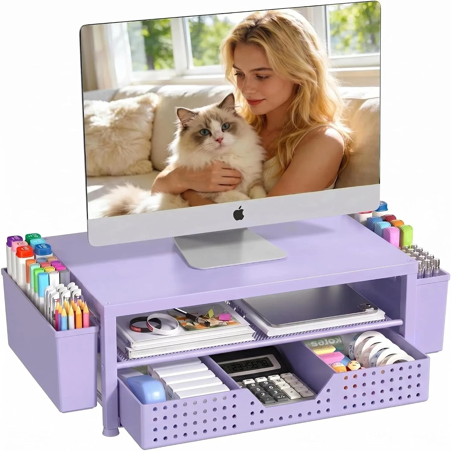OPNICE Desk Organizer, Monitor Stand Riser with Drawer and 2 Pen Holders