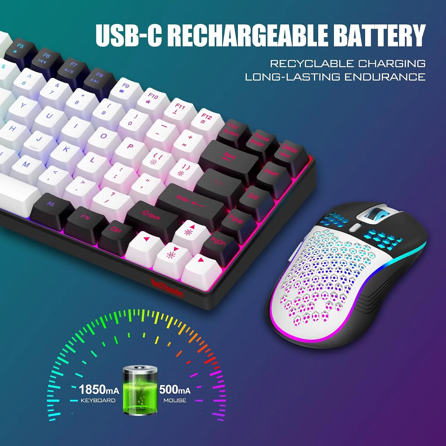 RedThunder K84 Wireless Keyboard and Mouse Combo, LED Rainbow Backlit Rechargeable Battery, 75% Layout TKL Ultra Compact Gaming Keyboard & Lightweight 3200 DPI Honeycomb Optical Mouse (White-Black)