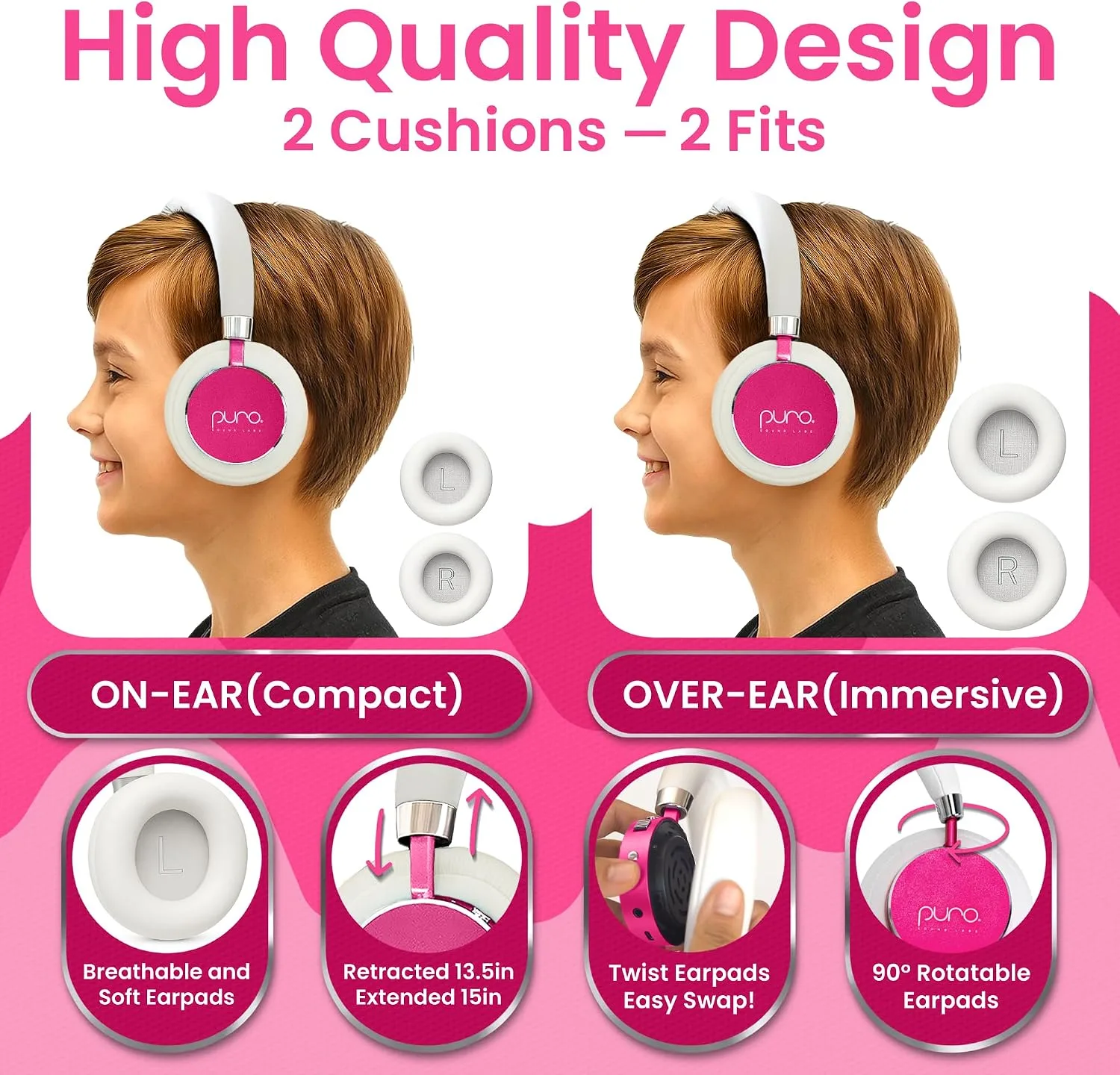 Puro Sound Labs - Kids Headphones, Volume-Limiting 85dB, BT2200 Plus, Pink