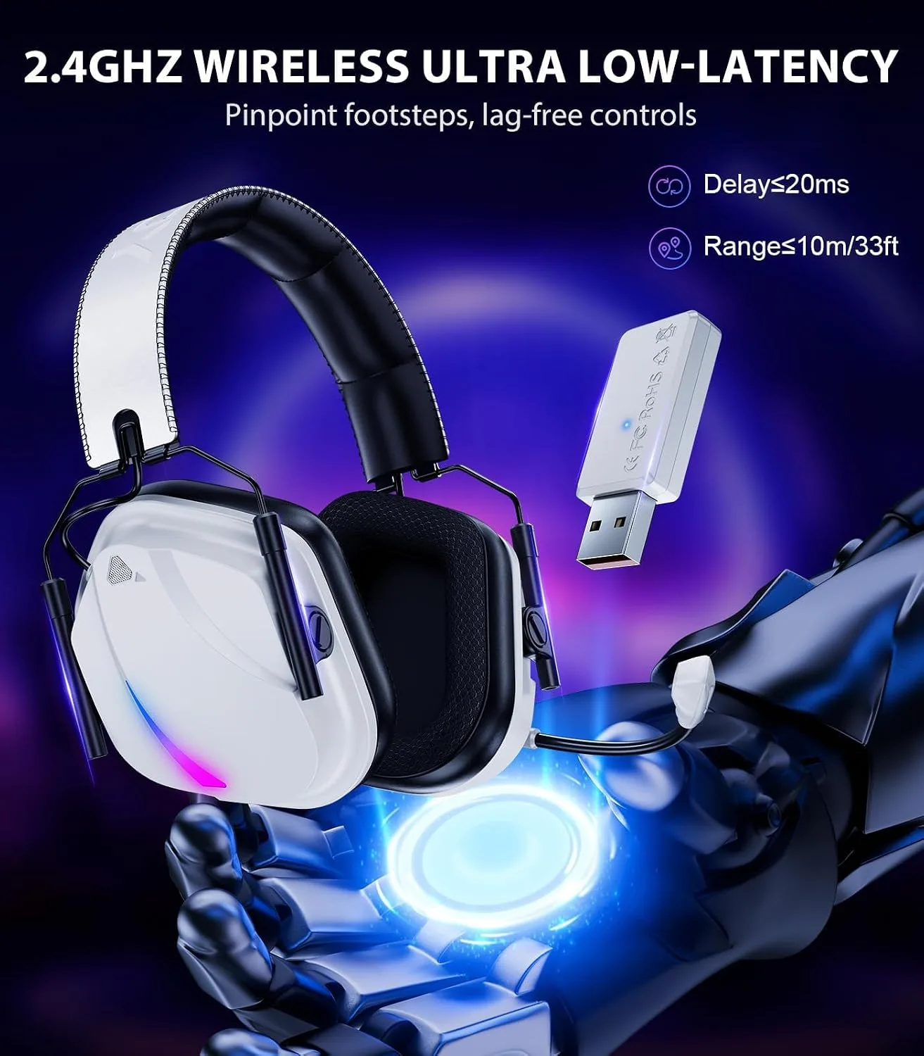 Vakedy Wireless PS5 Headset, 20ms Low Latency & BT 5.4 and 2.4GHz USB White