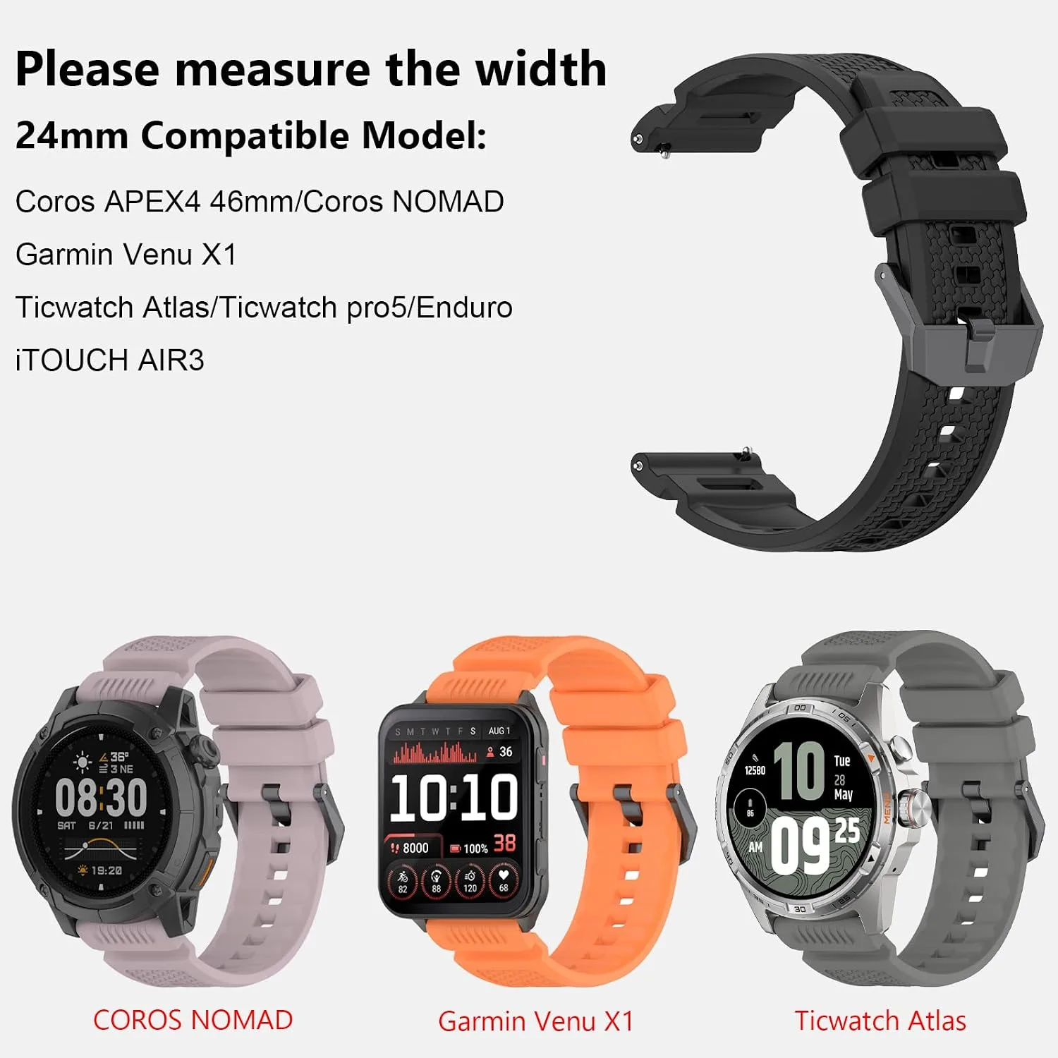Silicone Strap Compatible with COROS Apex 4 46mm/Nomad, 24mm Band for Garmin Venu X1, Ticwatch Atlas/Pro 5/Pro 5 Enduro, iTOUCH AIR3 Breathable Replacement Bands for Women Men