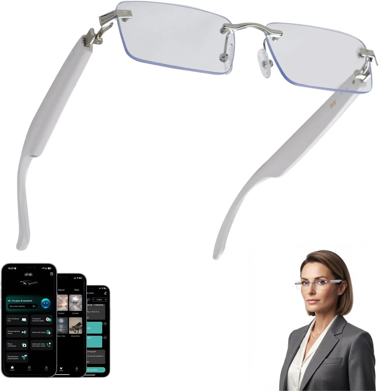 AI Translation Glasses with 164 Languages, Rimless Bluetooth Audio, Silver