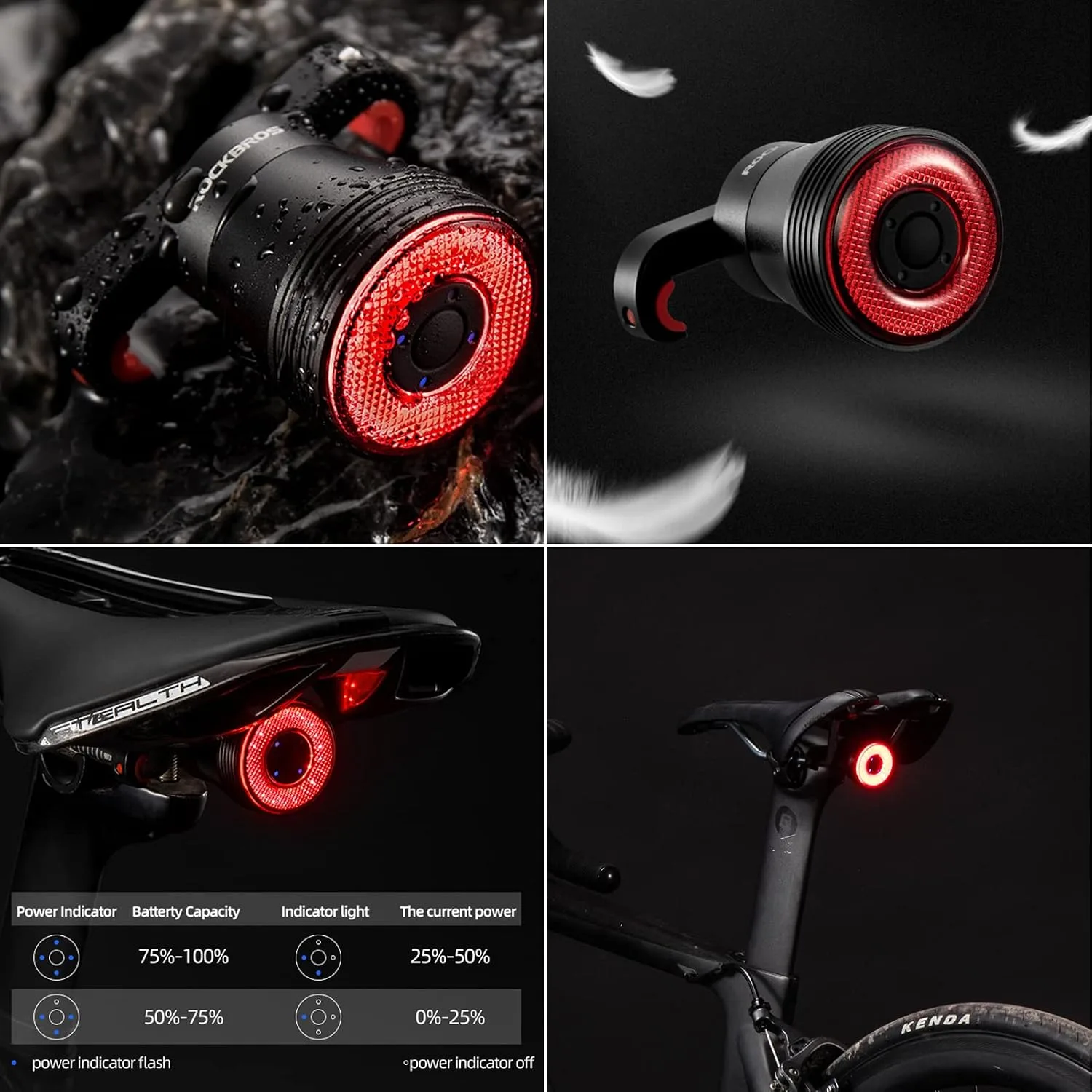 ROCKBROS Smart Bike Light with Brake Sensor, Rechargeable Rear Tail Light