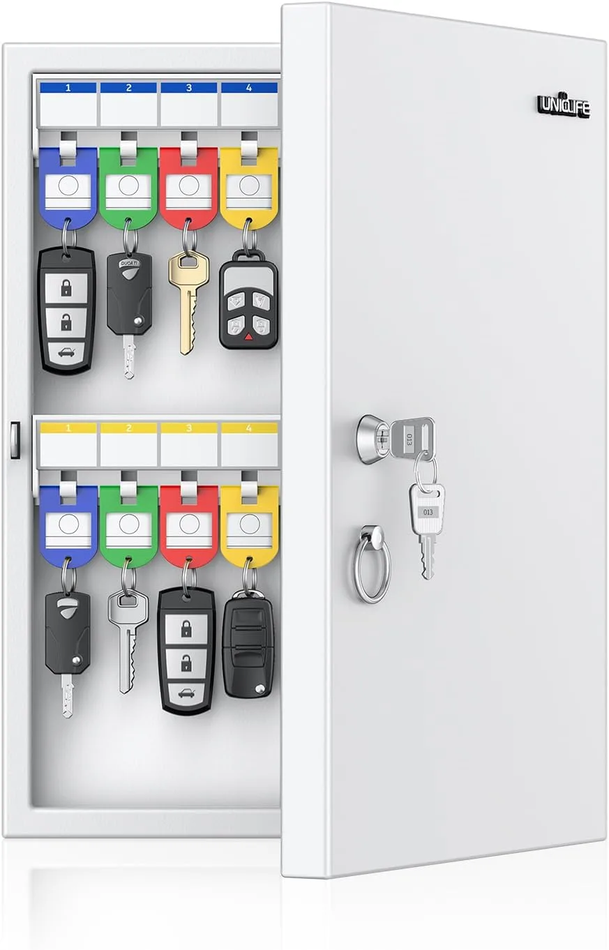 Uniclife 32 Position White Key Lock Box, Wall Mount Key Box, Car Key Organizer with Writable Key Racks and Tags, Security Key Cabinet, Car Key Holder Storage Box for Office Hotel & Company