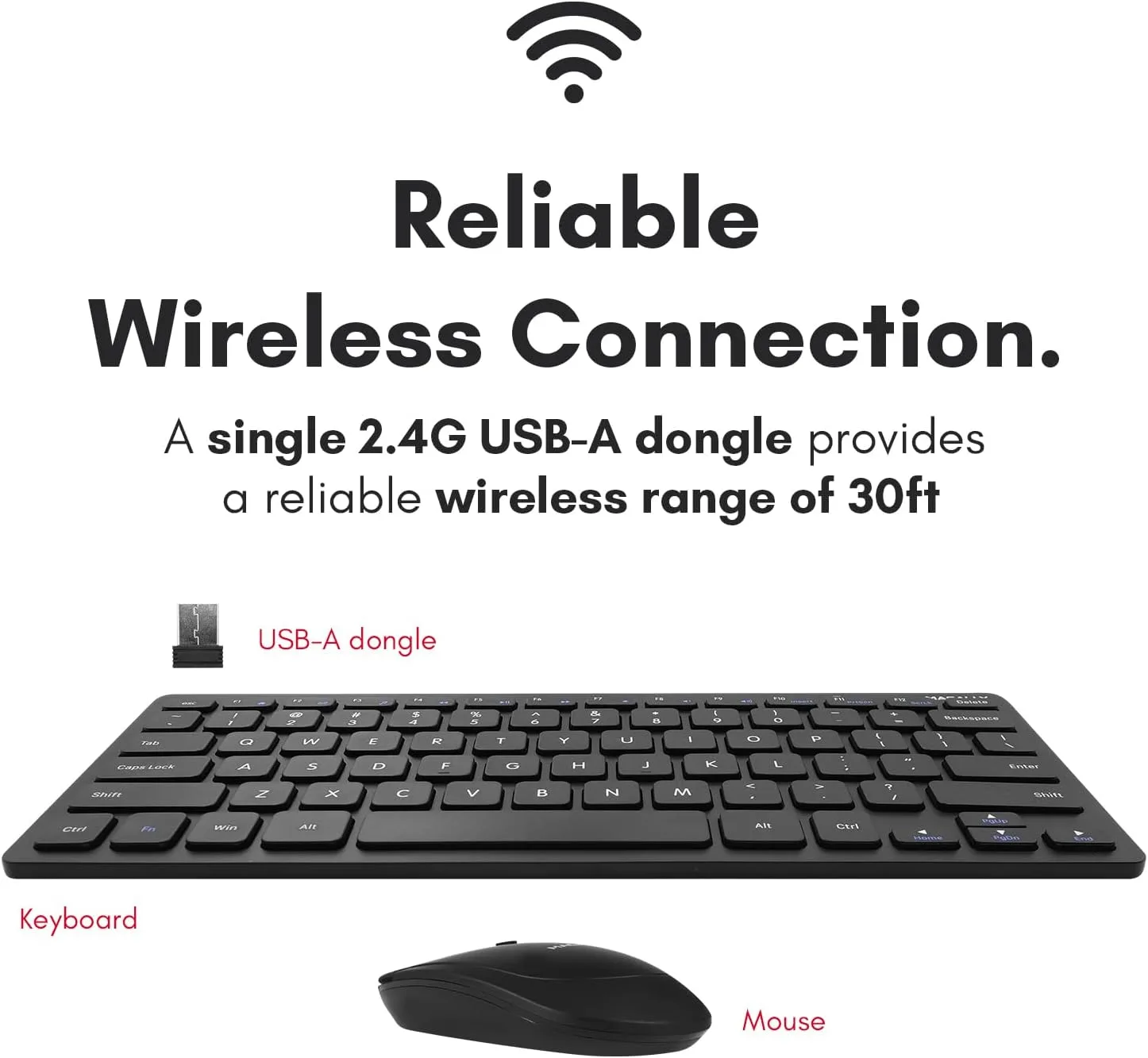 Macally Small Wireless Keyboard and Mouse Combo - Quiet Productivity Duo - 2.4G Wireless Compact Keyboard and Mouse for PC - 78 Key Mini Keyboard and Mouse with Slim Body, Click Buttons, & 3 DPI Modes