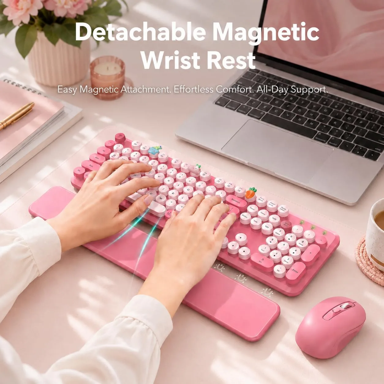 Wireless Keyboard and Mouse Combo, Round Keycaps, Magnetic Wrist Rest, Pink