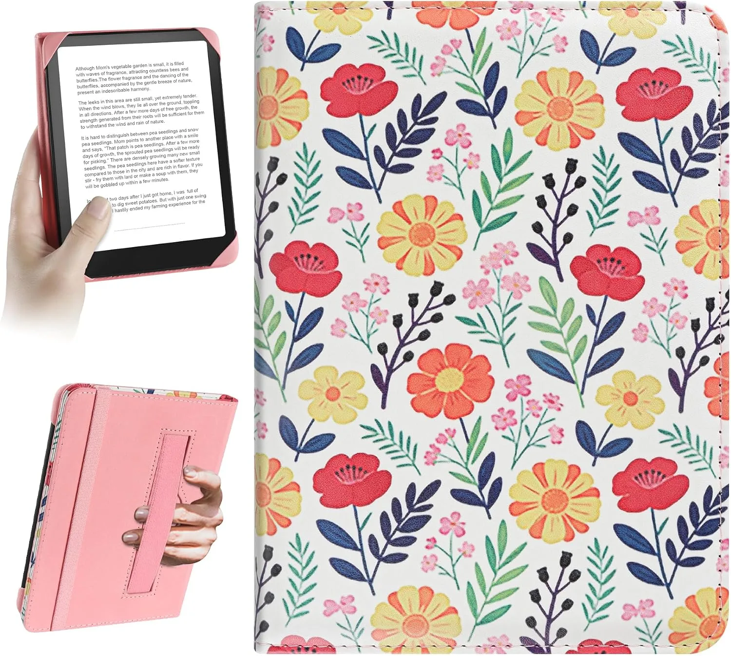 HoYiXi Universal Case for 6 inch Kindle eReader Compatible with Paperwhite(2015/2018)/Pocketbook and Tolino/Kobo Clara HD,6" eReader Protective Case Cover Elastic Rope,Flowers 2