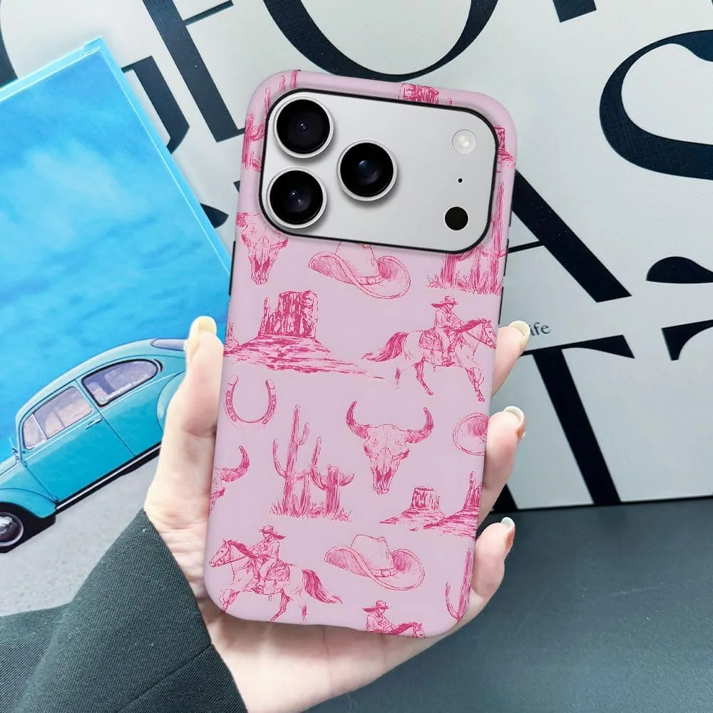 Case Compatible with iPhone 18 Pro/iPhone 17 Pro,Fall Prevention Hybrid 2-Layer Hard Shell Phone Cover for Girls Boys,Pink Hat Horse Western Cowboy