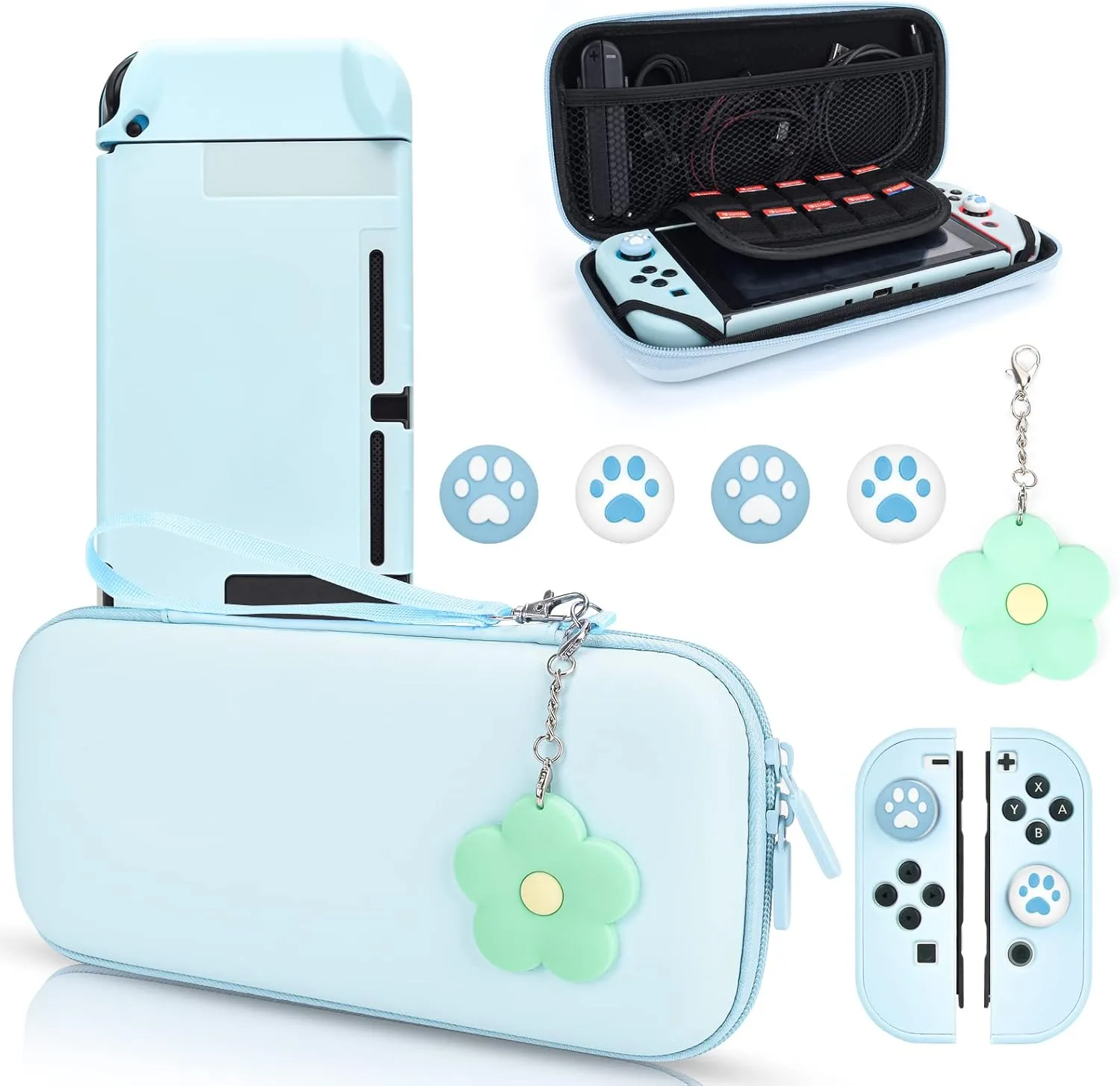 DLseego Blue Switch Case Set Carrying Case with 10 Slots Babyblue Protective Dockable Hard Shell with 4PCS Cute Cat Paw Thumb Grips Caps and 1PC Green Flower Blossom Chain for Switch 2017 Version