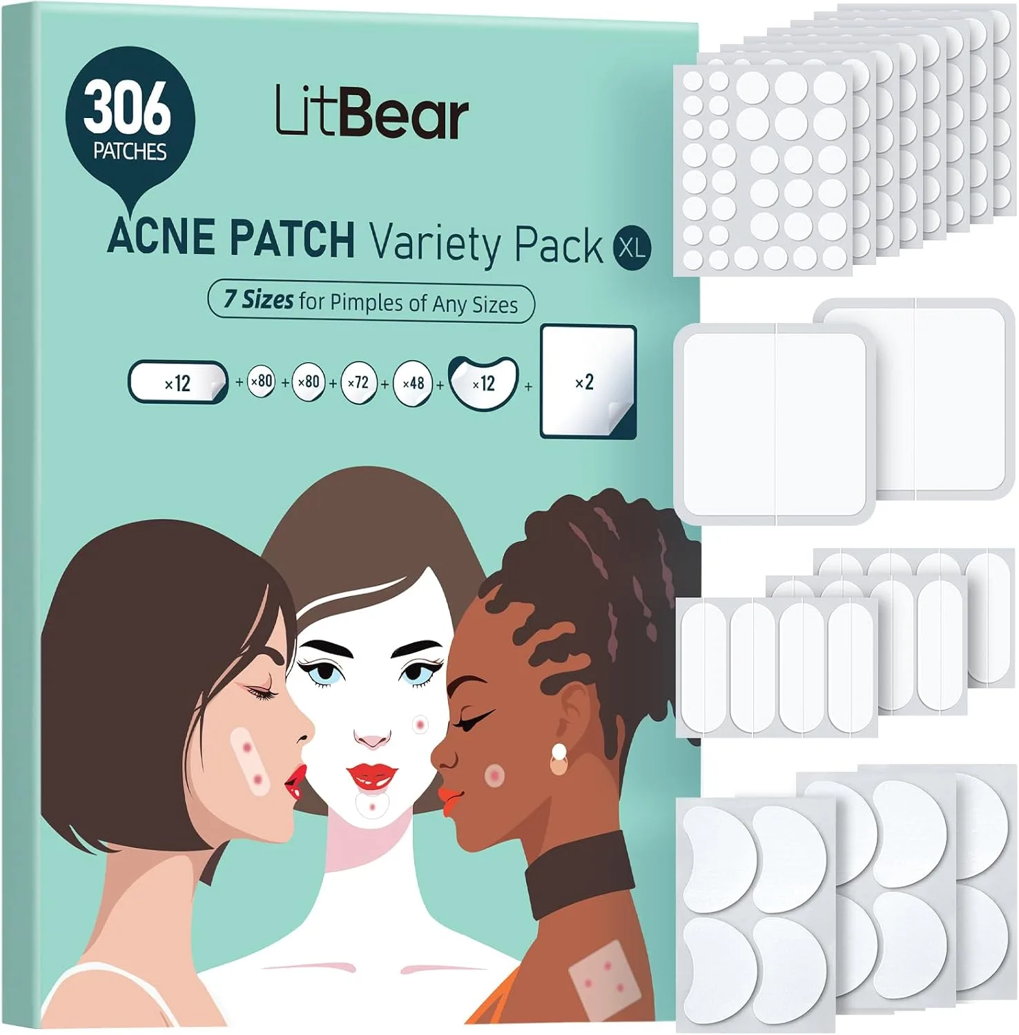 LitBear Large Pimple Patches for Face & Body, 7 Sizes 306 Counts