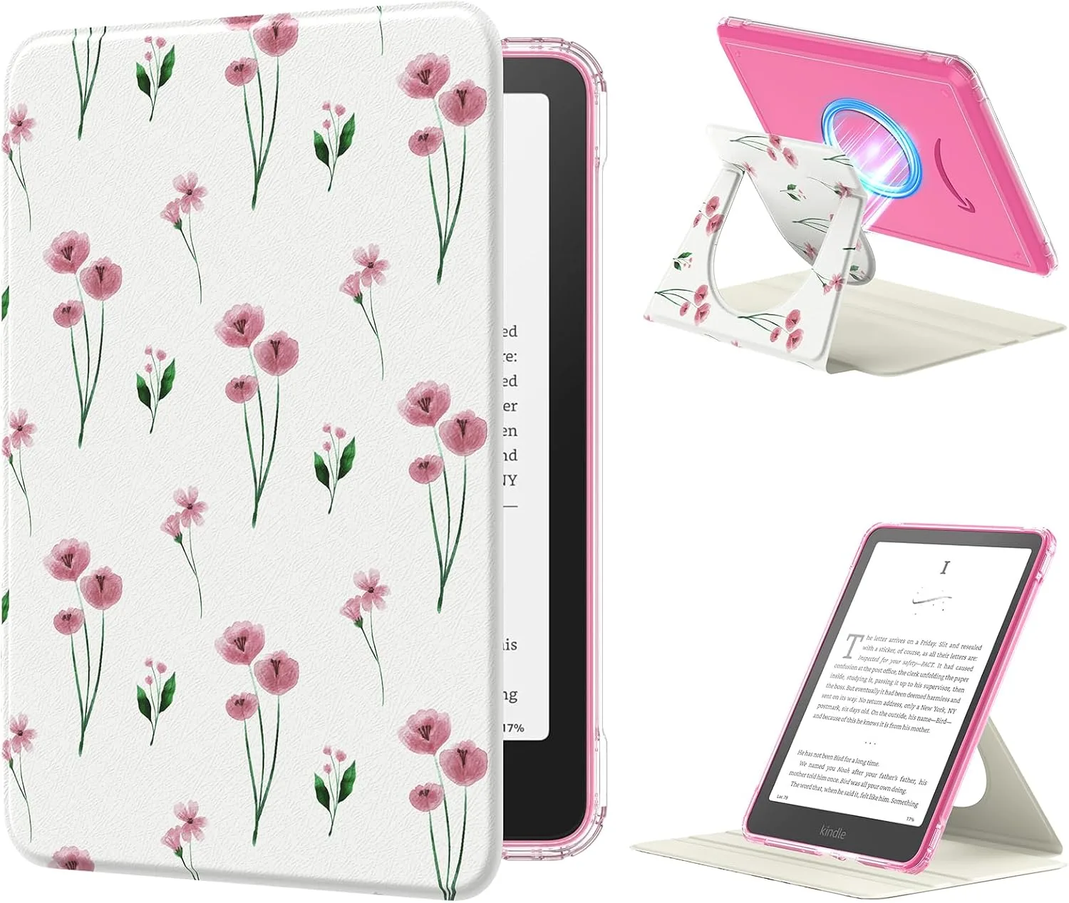 Estuche MoKo 360° Rotativo Desmontable para eBook Reader 7" Flores Rosadas