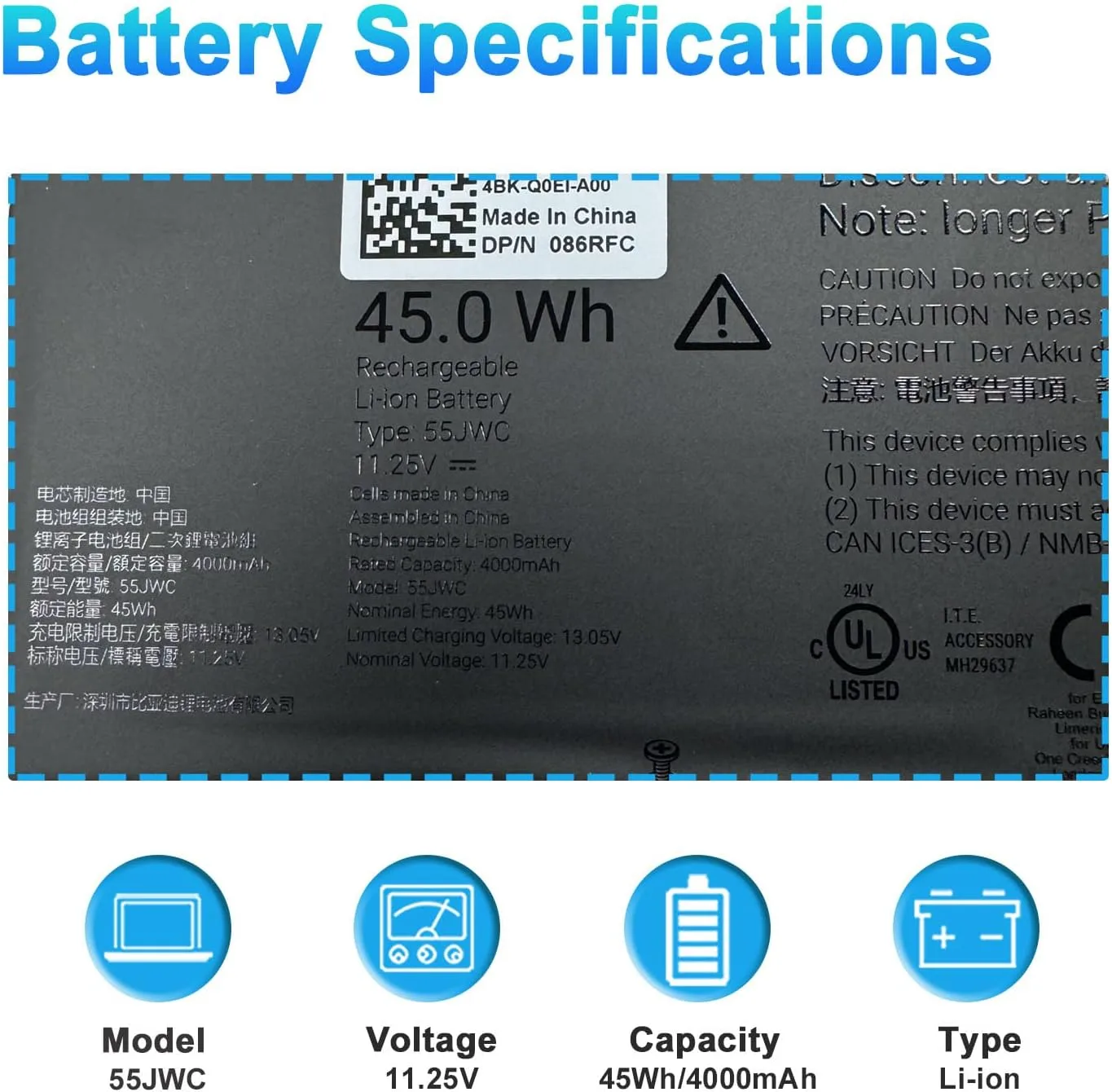 45Wh 55JWC CGR5V Laptop Battery Replacement for Dell Pro 14 Plus PB14255 14 Plus 2-in-1 PB14255 Series 0M9HTK 0RF5VP CGR5V 001WEF VMV83 11.25V 4000mAh