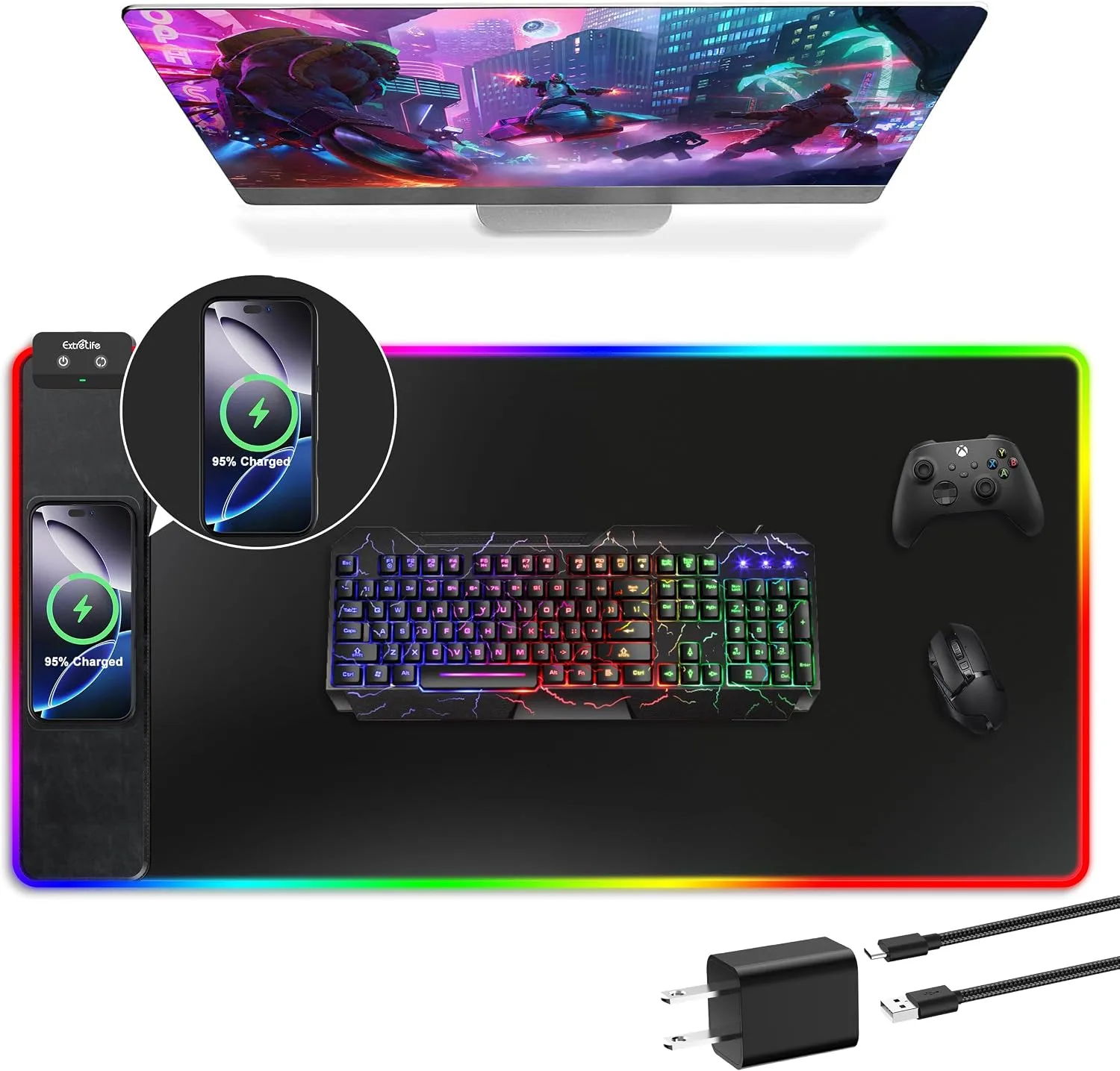 Mouse Pad with Wireless Charging, Large Desk Mat with Adapter, 31.5"x15.7"