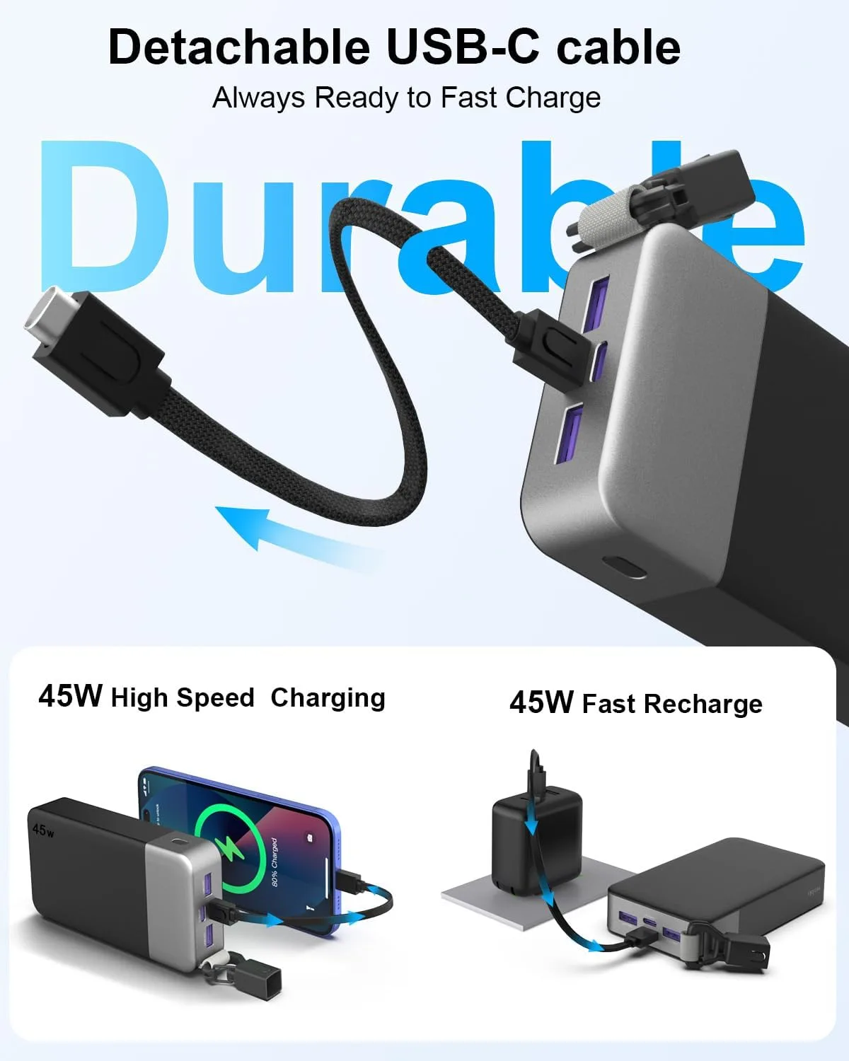 NOBIS Portable Charger 20000mAh 45W Power Bank with Detachable C-Cable