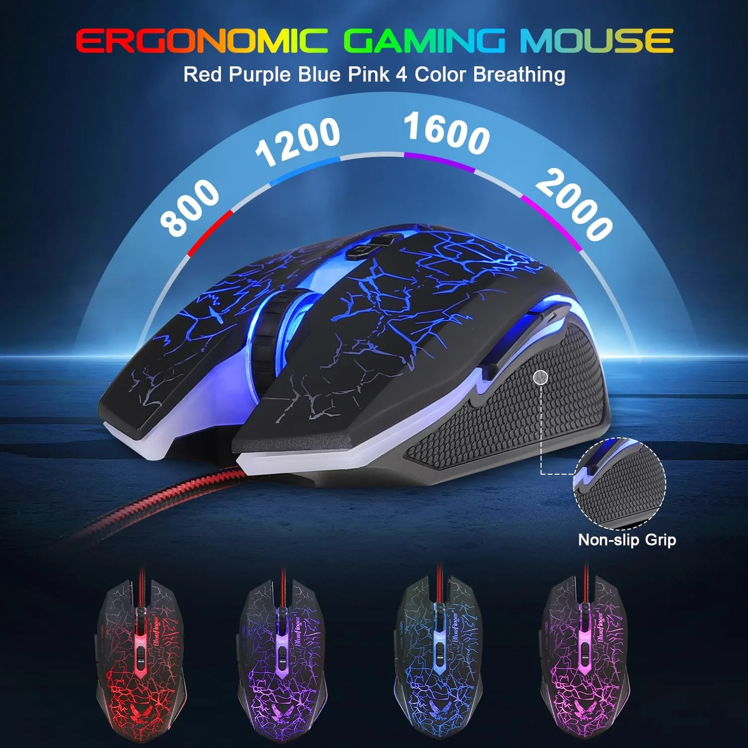 BlueFinger Backlit Gaming Keyboard, Mouse and LED Headset Combo - USB Wired 3 Color Crack Backlit, Blue LED Light Headset - Set for Work and Game