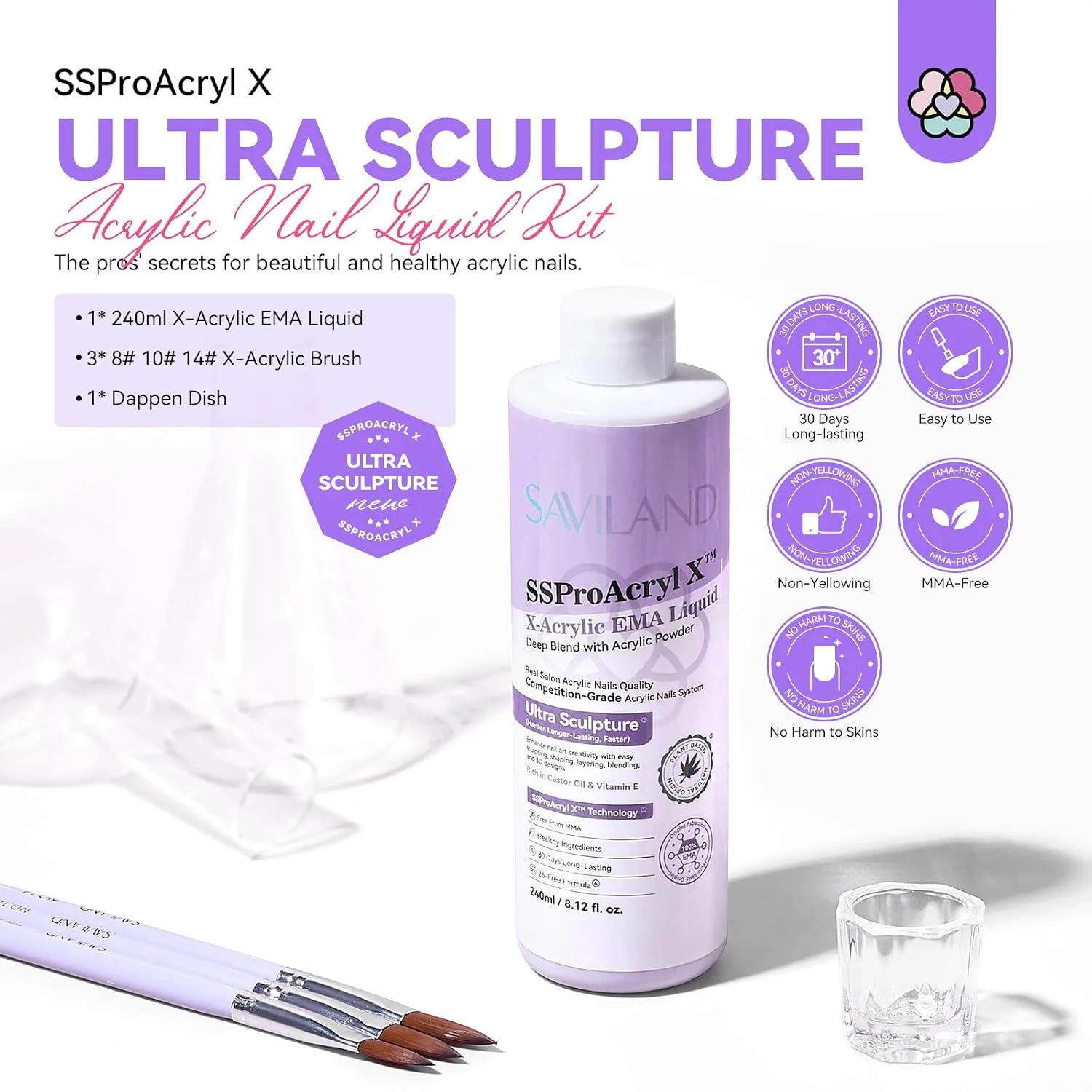 SAVILAND EMA Monomer Acrylic Nail Liquid 8 Oz with 3 Brushes Dappen Dish