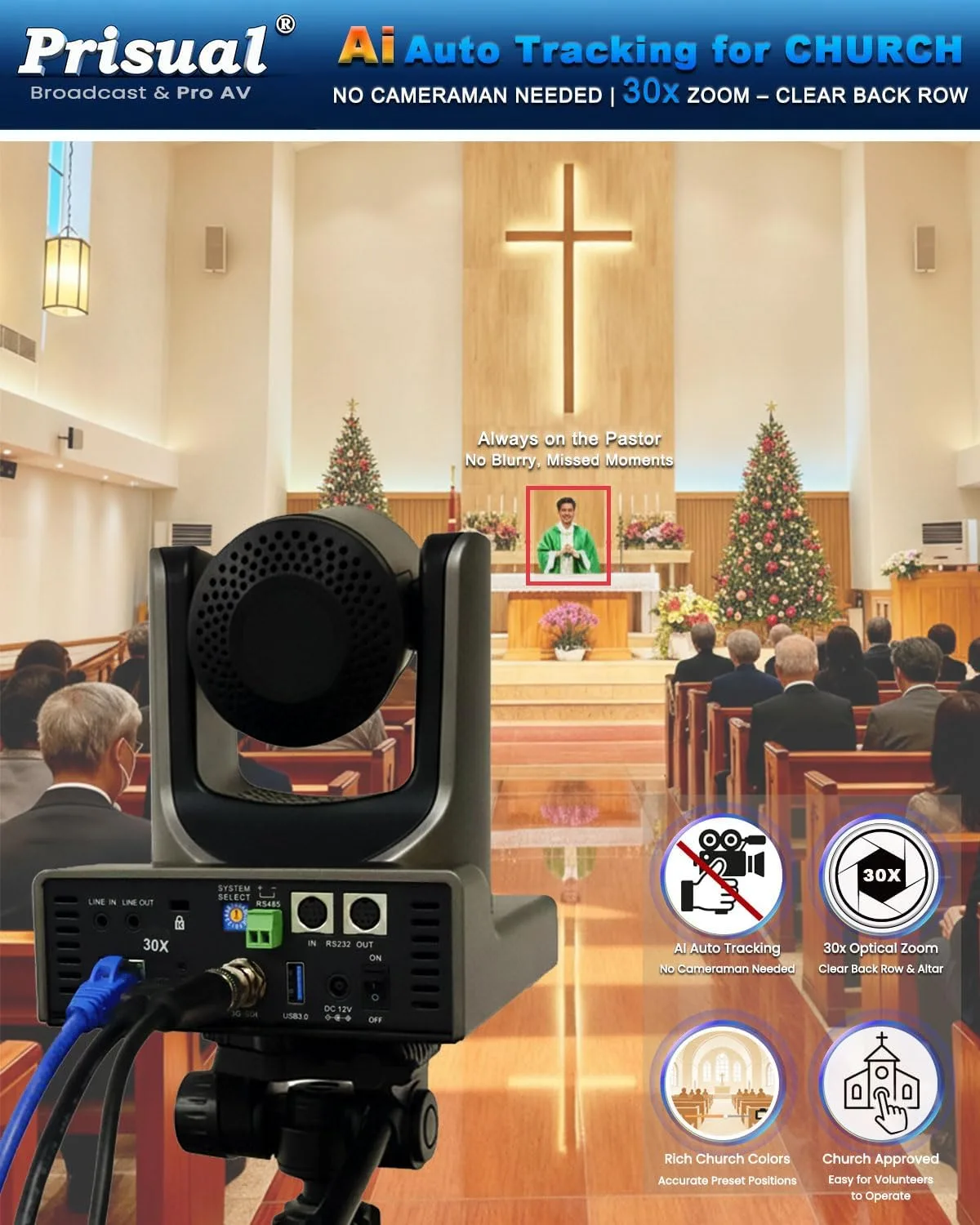 Prisual NDI HX3 PTZ Camera 5th Gen, AI Auto Tracking, 30X Optical Zoom, PoE, 3G-SDI, USB 3.0, LAN, HDMI PTZ Camera for Church Worship, Education, Live Streaming