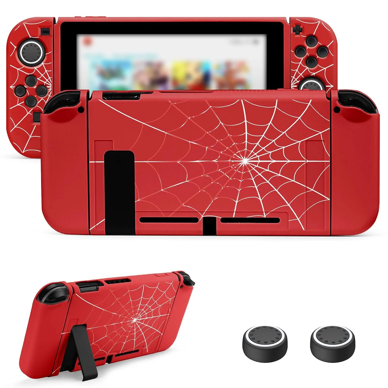 JINGDU Protective Case Compatible with Nintendo Switch 2017, TPU Case Accessory for Switch Console and Grip Joy-Con, Switch Protector with 4 Thumb Grips, Red Spider Web