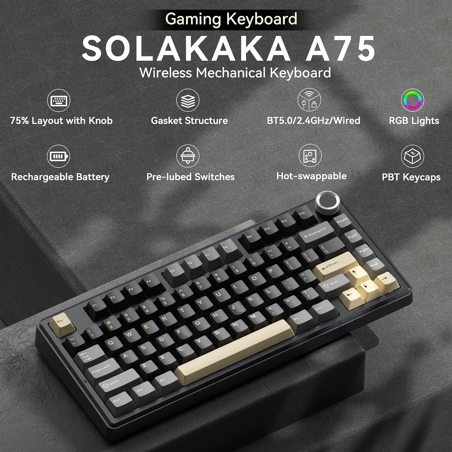 SOLAKAKA A75 75% Wireless Gaming Keyboard with Multifunction Knob, Black