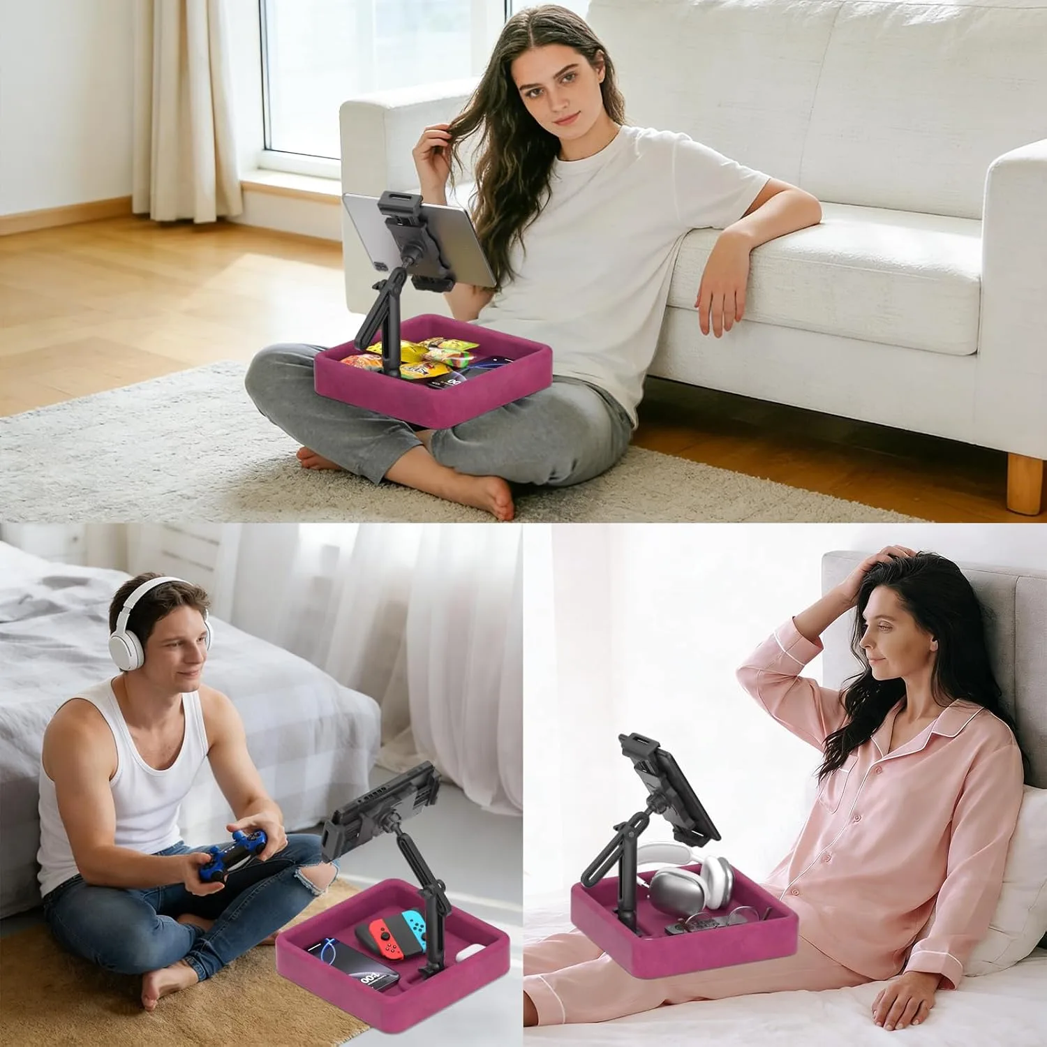 KDD Tablet Pillow Stand - Multi-Angle Adjustable iPad Holder for Lap, Bed and Desk - Foldable Kindle Soft Pad Dock with Storage Tray Compatible with iPad Pro 12.9, Air Mini, Phone, E-Reader
