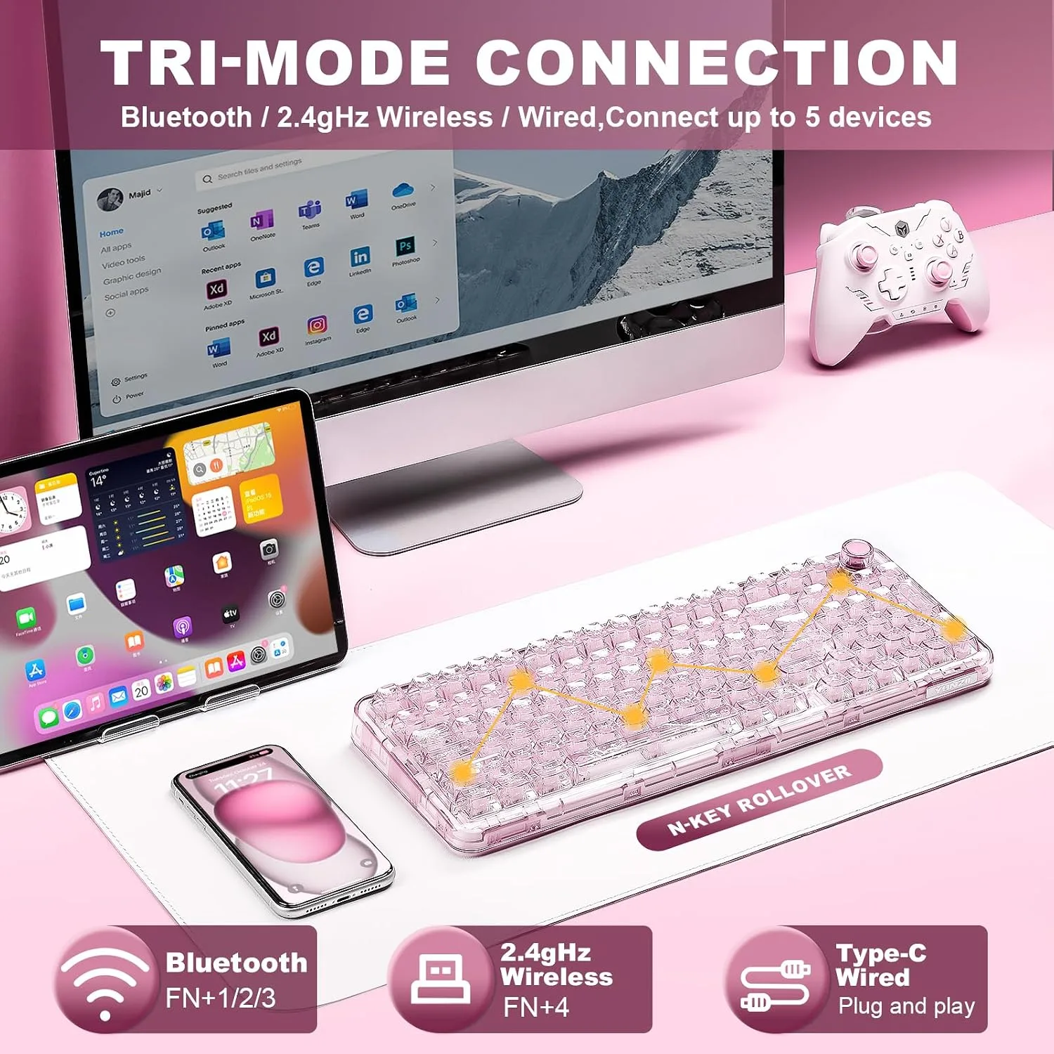 YUNZII X98 Clear Wireless Mechanical Keyboard with Knob (Pink, Snow Switch)