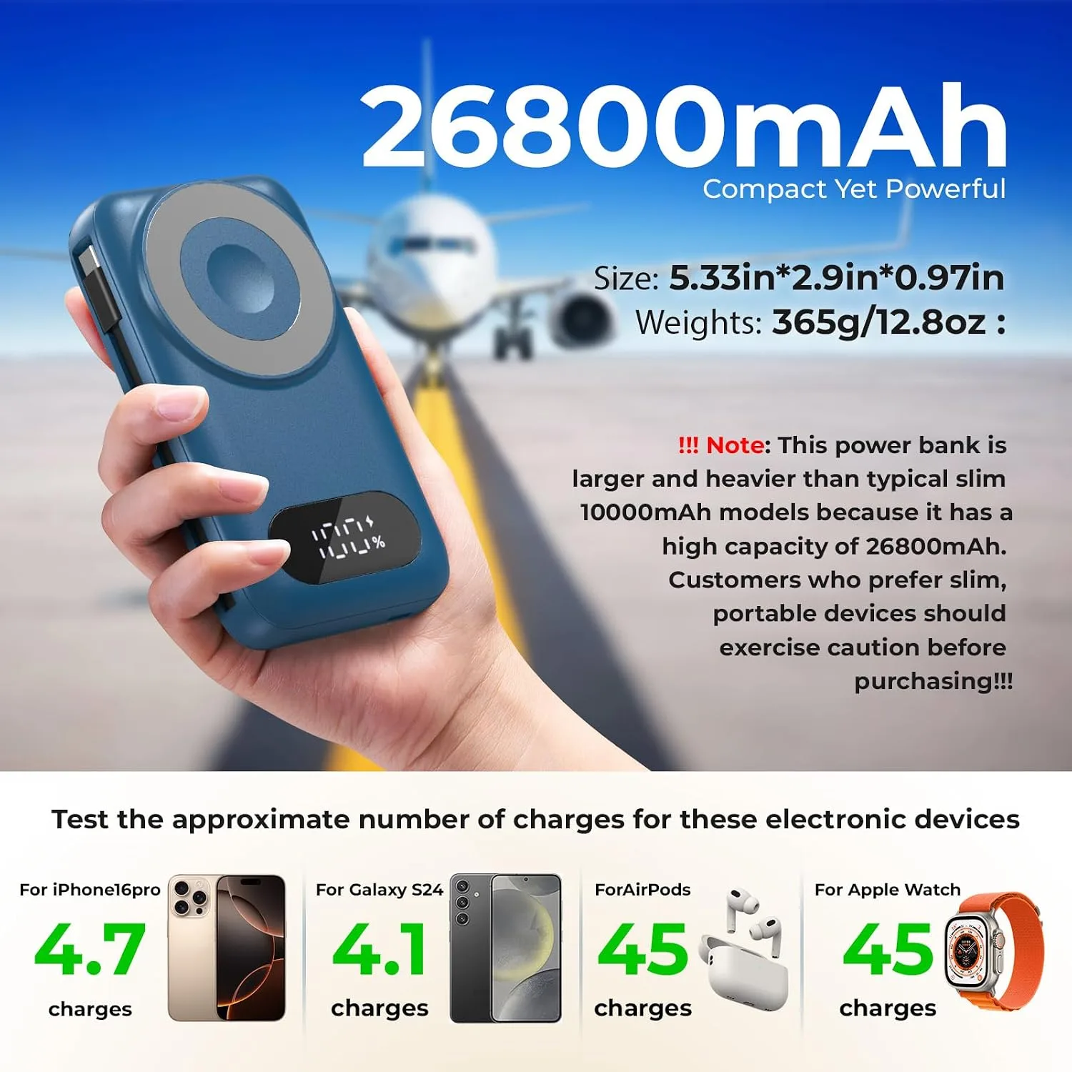 SHENMZ Magnetic Portable Charger 26800mAh for iPhone 18/17/16/15/14/13/12 with Built-in Cables， iWatch Charger，Wireless Power Bank for Apple Watch and for airpods,Galaxy, Android Phones(Blue)