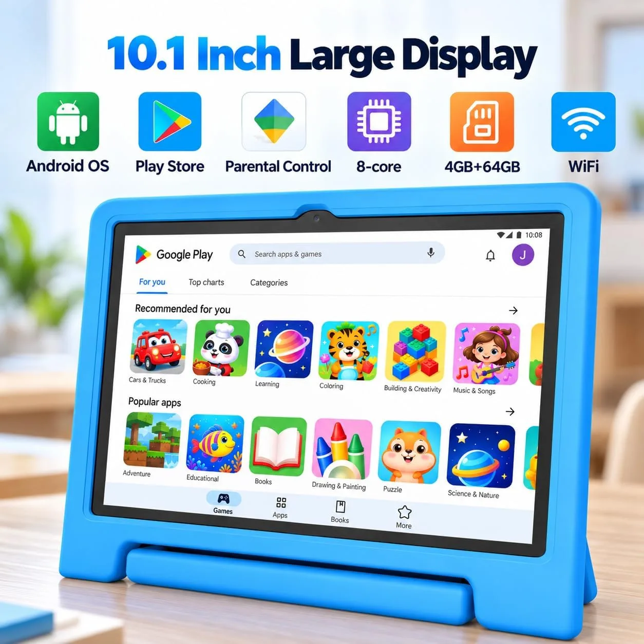 JREN
10.1"
Android
15
Tablet
with
Case,
64GB
Storage,Octa-Core
Blue
