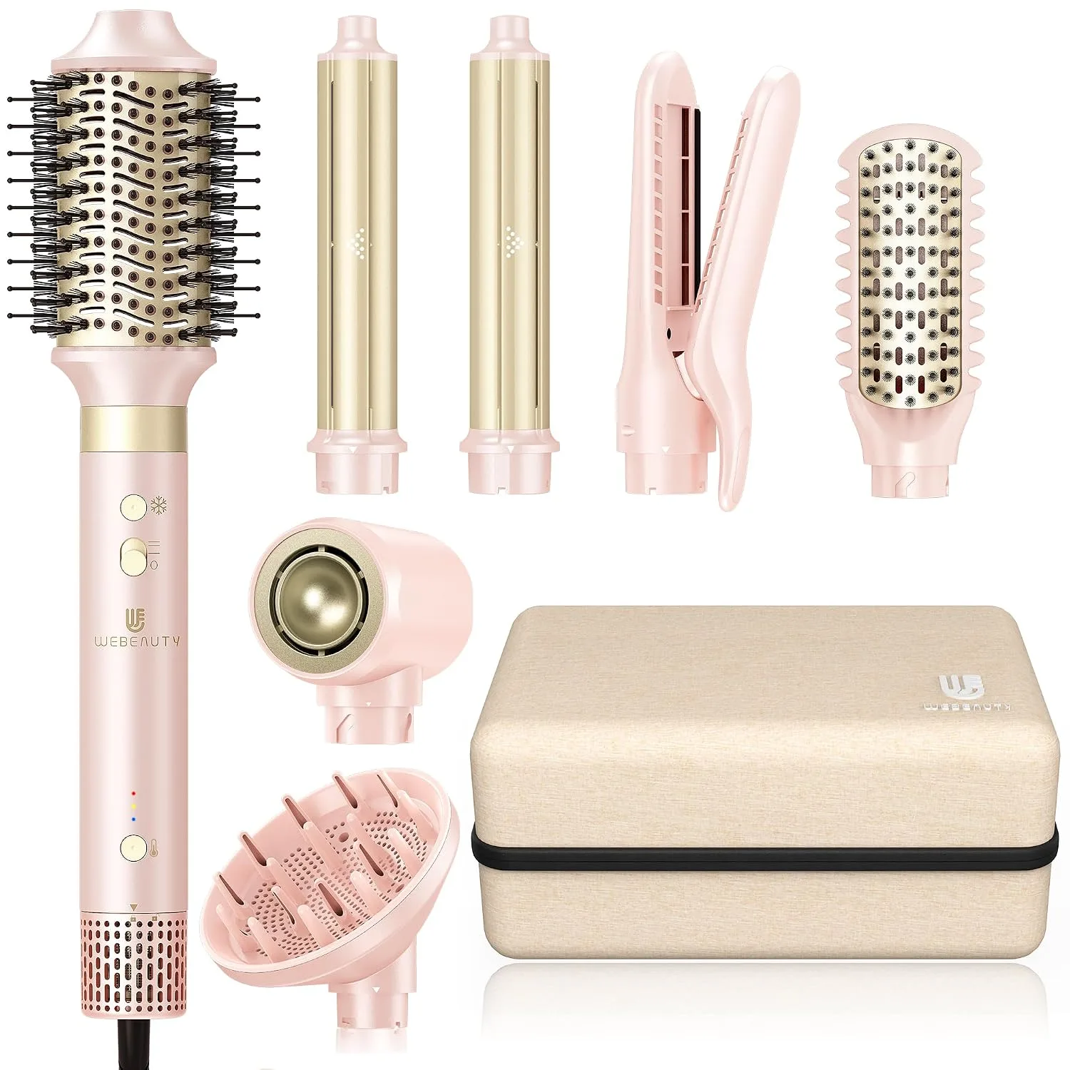 webeauty Hair Dryer Brush 8-in-1 Dual Voltage Hot Air Styler – Fast-Drying 110,000 RPM Ionic Blow Dryer with Straightener & Curler Attachments, Frizz-Free Volumizing Styler with Protective Hard Case-P