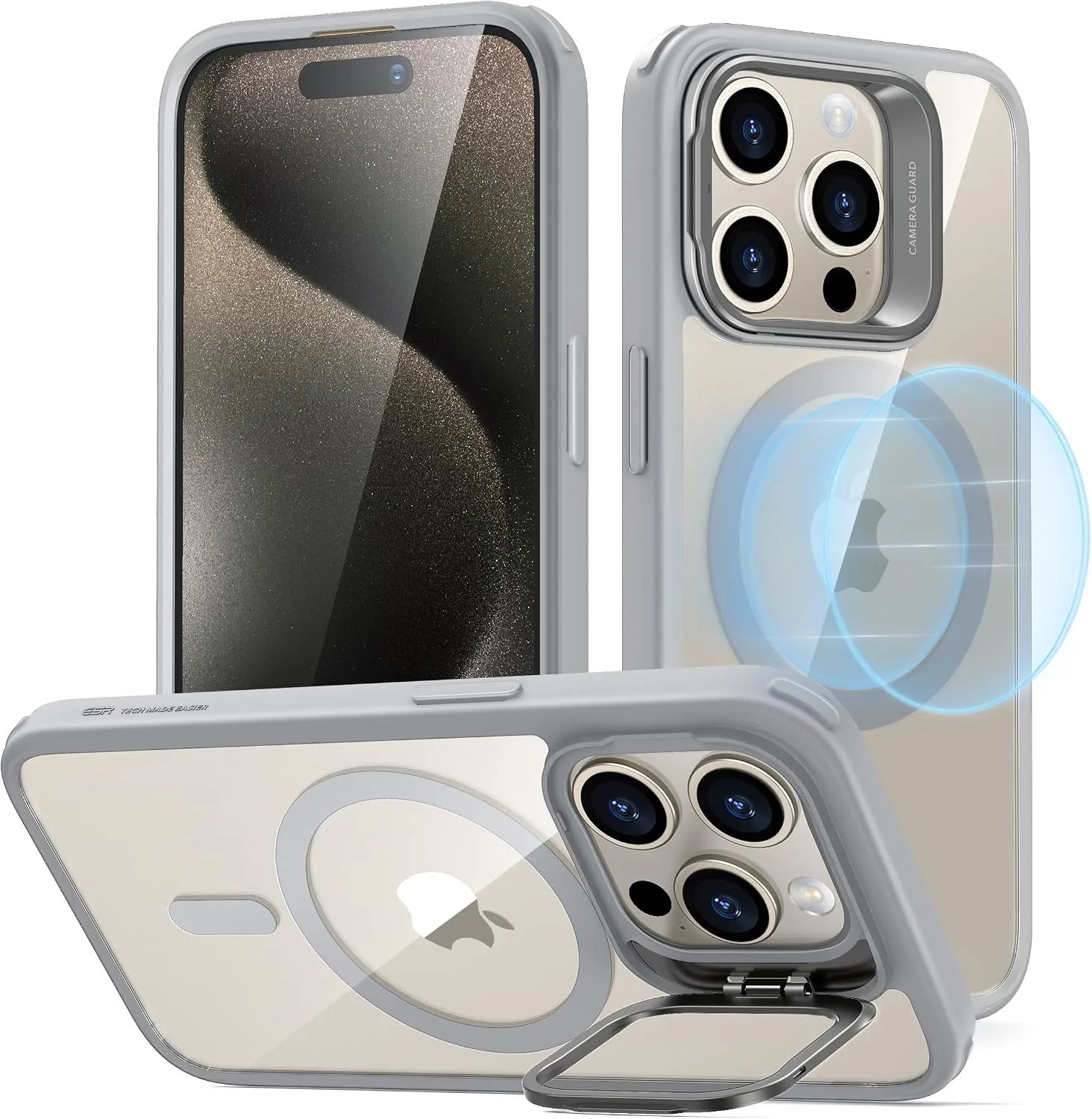 ESR Classic Hybrid Case for iPhone 15 Pro with Flex Stand, Clear Gray