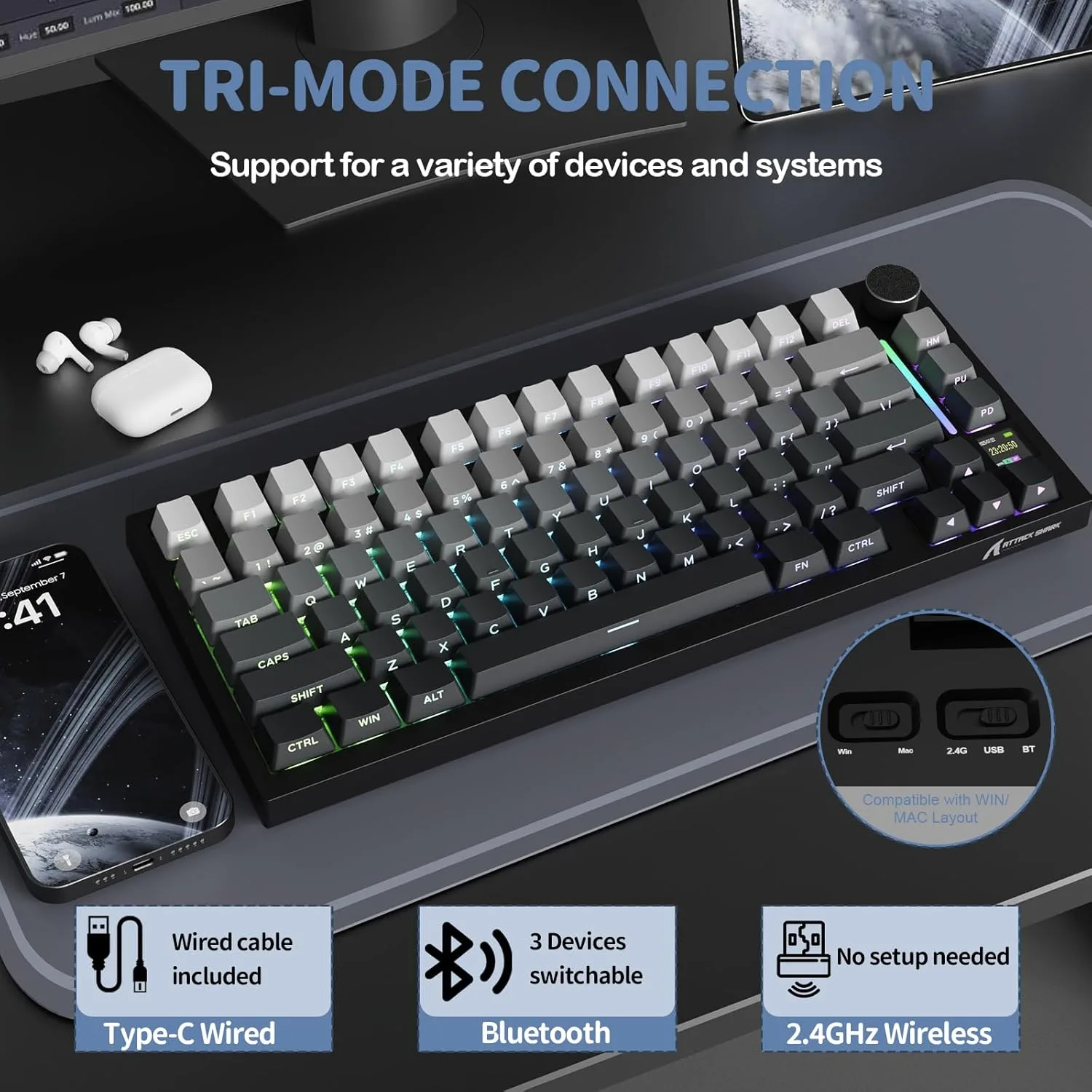 ATTACK SHARK X820 Ultra 75% Wireless Gaming Mechanical Keyboard Hot-Swappable Gasket Mount RGB Backlit BT/2.4G/Wired Custom Keyboard with Smart TFT Display&Knob QMK Driver-Moonlit Night&Shark Switch