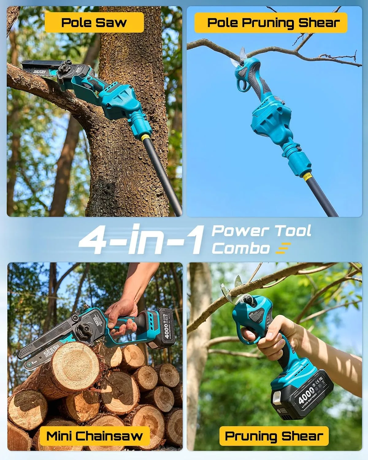 SEESII 4-in-1 Pole Saw & Pruning Shears Combo Kit with Brushless Motor