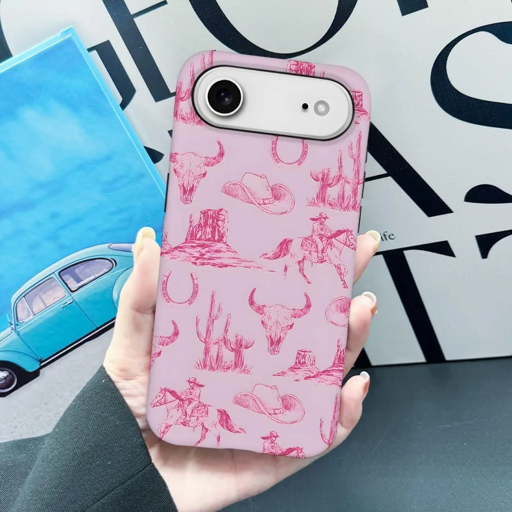 Case Compatible with iPhone 17 Air,Fall Prevention Hybrid 2-Layer Hard Shell Phone Cover for Girls Boys,Pink Hat Horse Western Cowboy