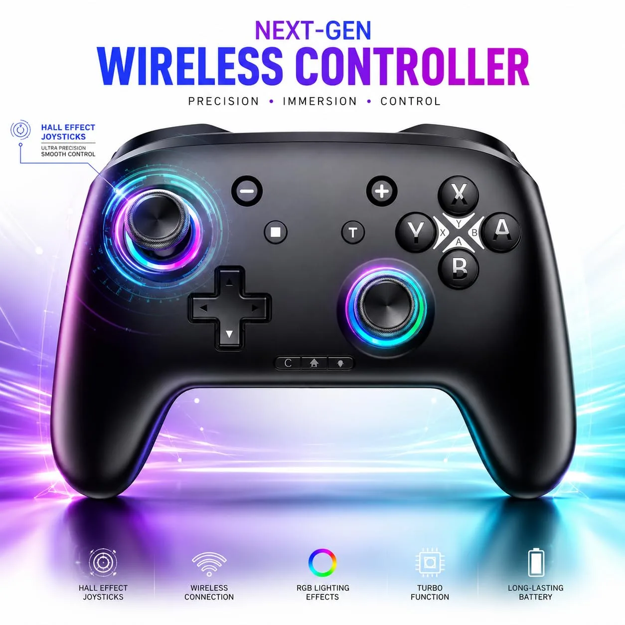 Switch Controller, Wireless Bluetooth Controller for Nintendo Switch 2/Switch/Lite/OLED, game controllers Compatible with iPhone/Mac/iPad/iOS/Android/Phone/PC/Steam and TV with Rotary Motors, RGB Hall Effect Joysticks/Macro Back Buttons/Turbo Modes/6-Axis/Motion/Wake up (Dark Black)