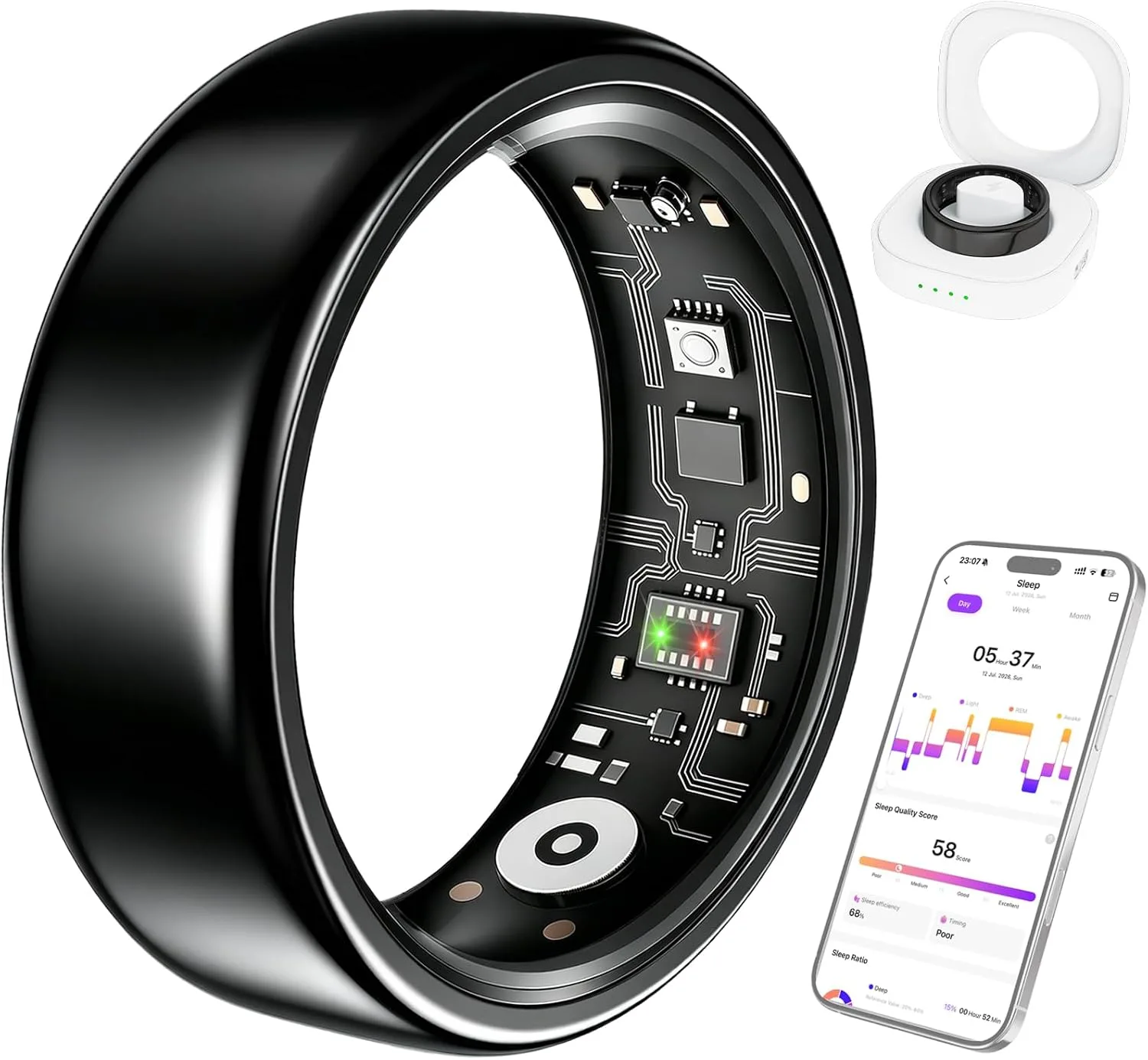 Smart Ring for Women & Men, Fitness Ring with Heart Rate, Sleep Monitor & Stress, IP68 Waterproof Sleep Ring, No APP Subscription (New Black, 7)