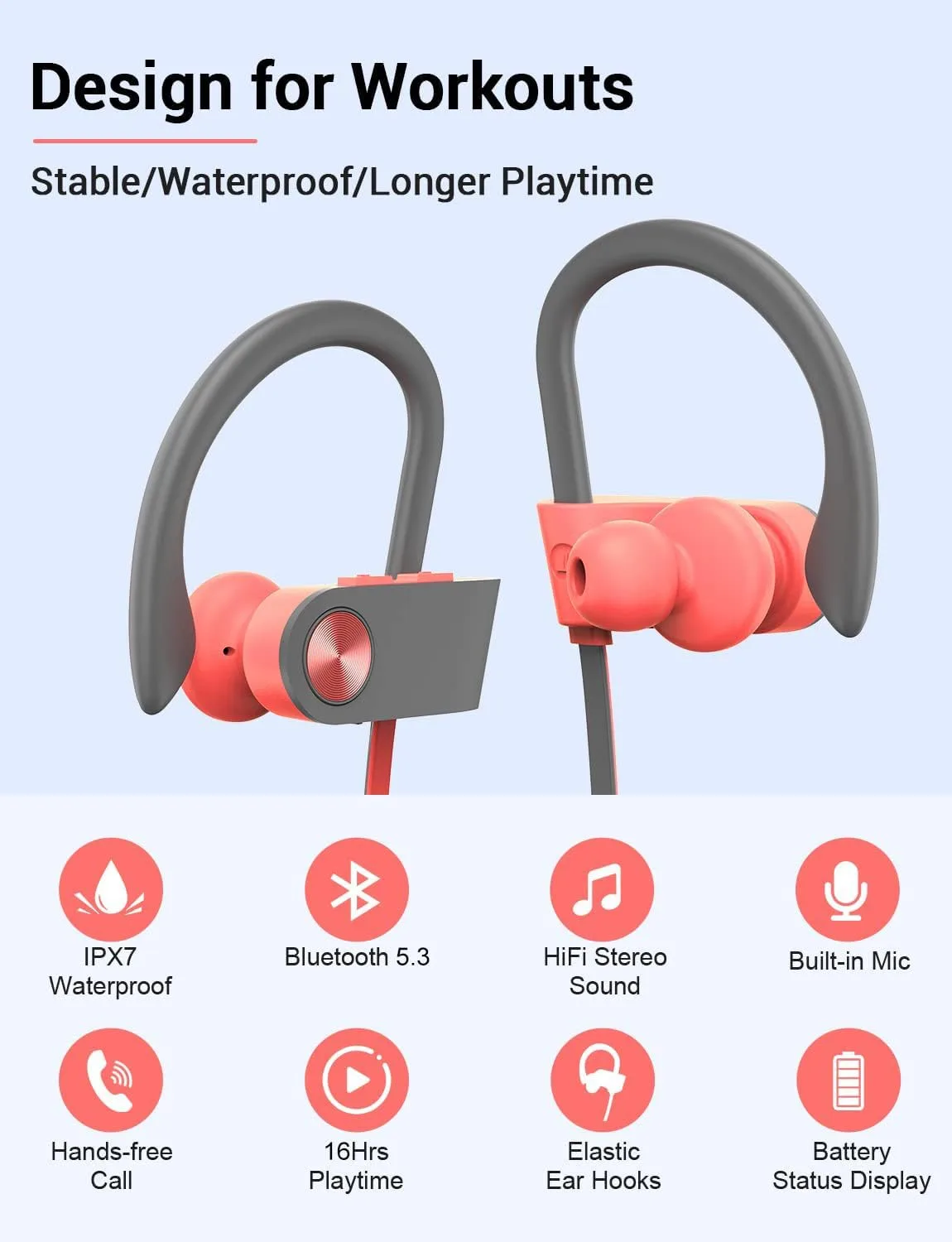 Bluetooth 5.3 Headphones, Wireless Sports In-Ear Earbuds IPX7 Waterproof