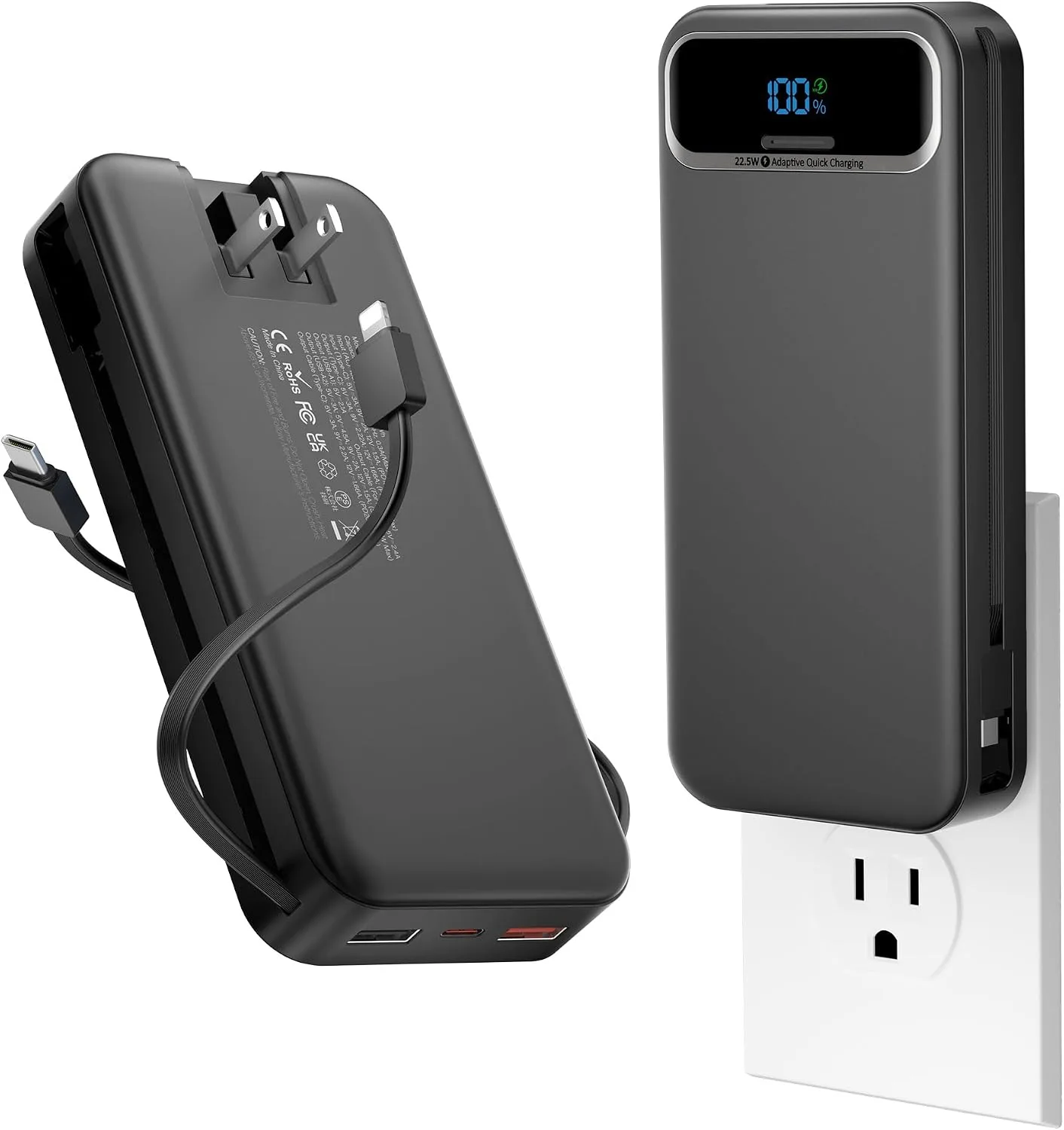 aonidi Portable Charger 20000mAh with Built-in Cables&AC Wall Plug, Black