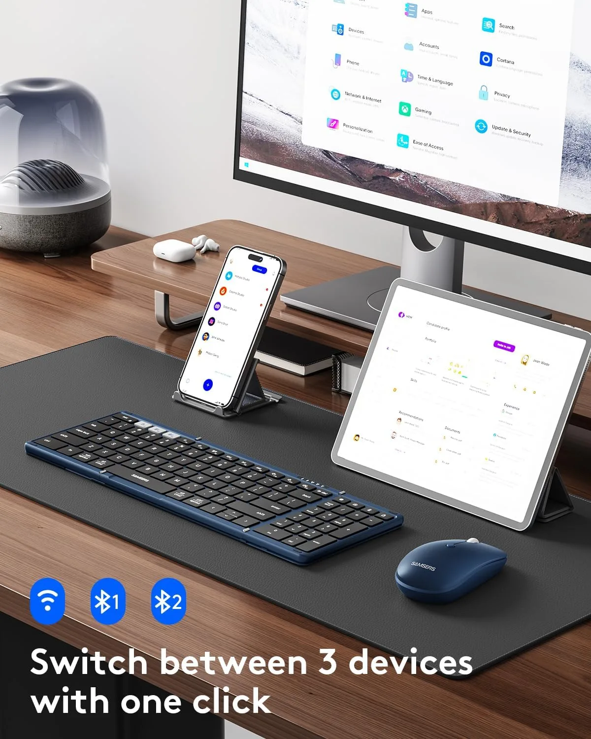 Foldable Keyboard and Mouse, Samsers Folding Bluetooth Keyboard Combo, 2.4G + BT5.0 x 2, Full-Size Portable Travel Keyboard & Rechargeable Wireless Mouse for Windows Android iOS Mac OS, Ocean Blue