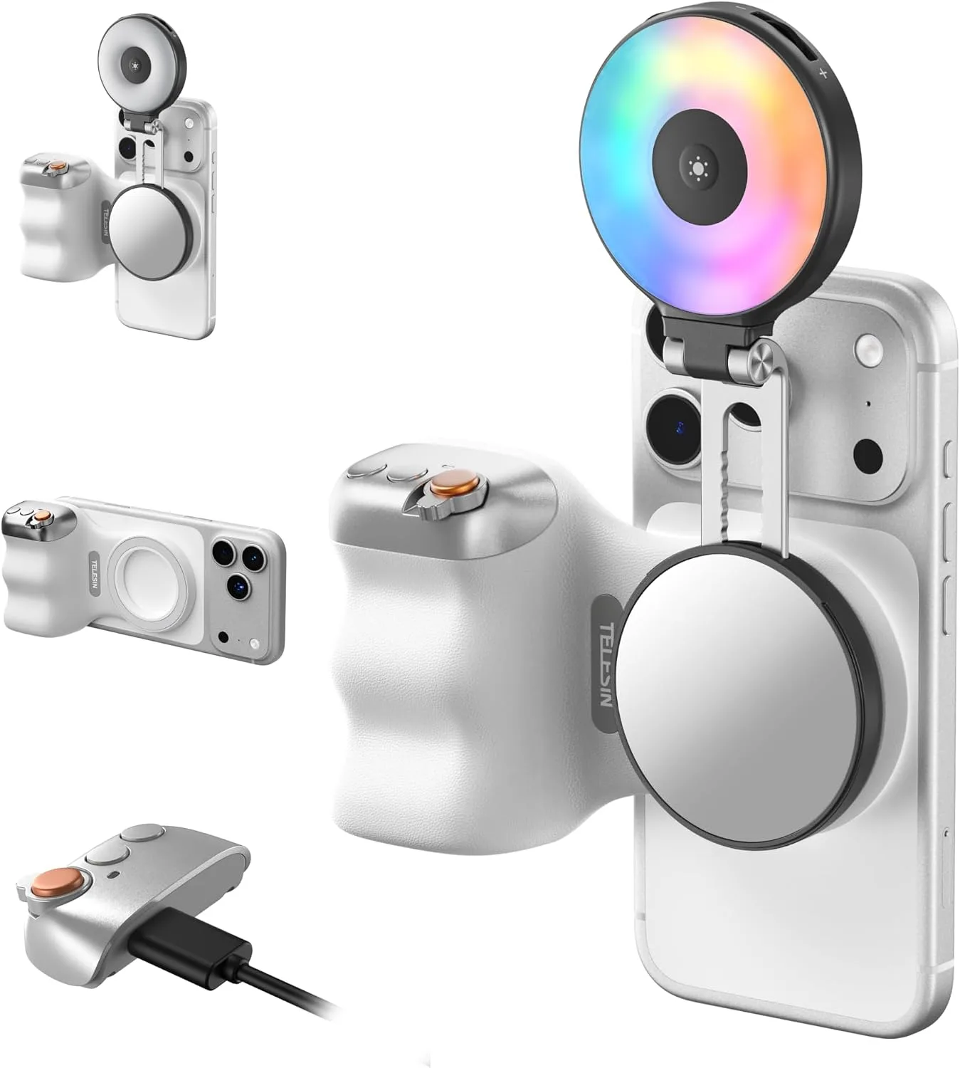 TELESIN Fun Shot Magnetic Phone Camera Grip + 4 in 1 Magnetic RGB Selfie Light(Black) Bundle Kit Compatible with iPhone Magsafe & Android, Creator Kit for Selfies/Photography/TikTok/Zoom Calls/Video