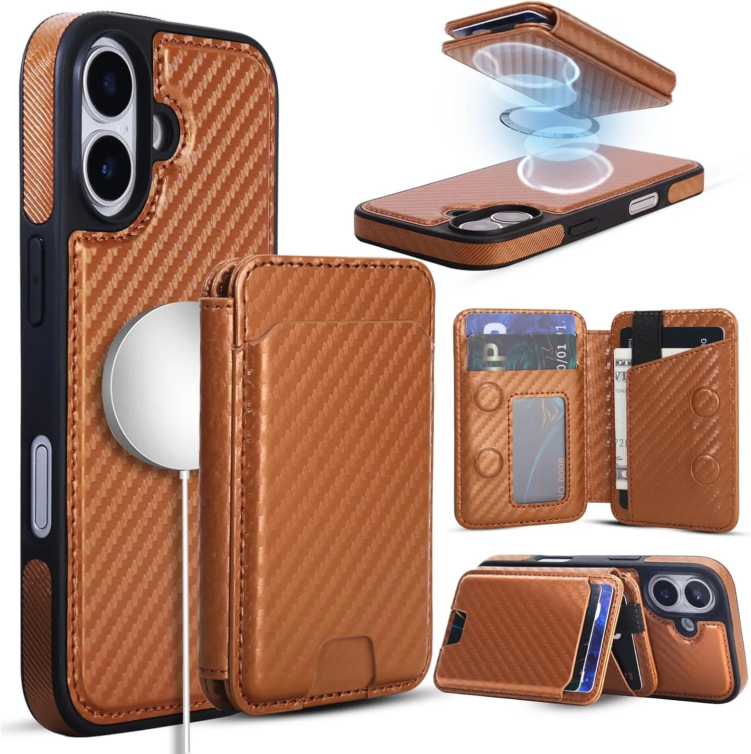 Magnetic Detachable Wallet Case for iPhone 16 with Kickstand,2-in-1 MagSafe Compatible RFID Blocking Card Holder,Slim PU Leather Cover Carbon Coffee