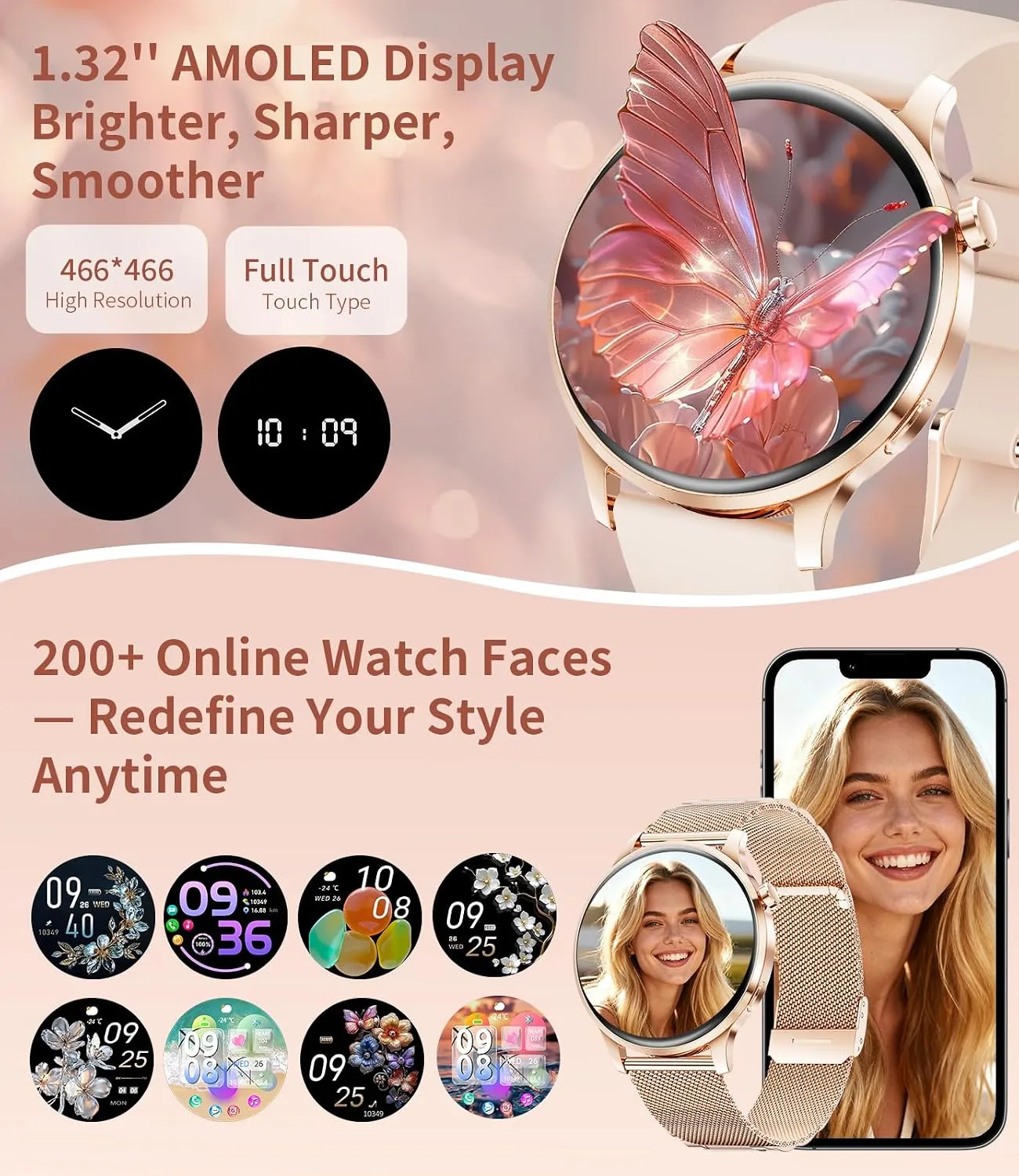 LIGE Smart Watches for Women,1.32" HD Fitness Tracker Watch with Answer/Make Call,AI Voice Control,Heart Rate/Calories/SpO2 Monitor 100+ Sport Modes Ladies Smart Watch for Android iOS (Pink)