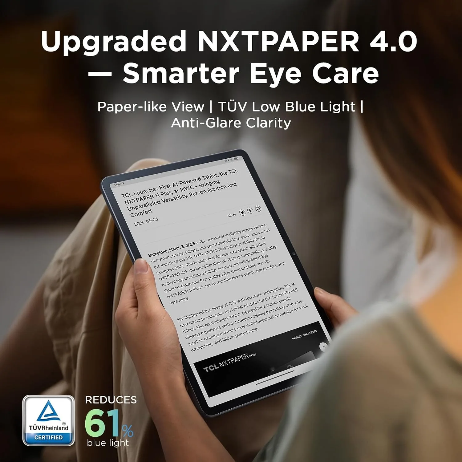 TCL NXTPAPER 11 Plus Android Tablet, 11.5" 2.2K 120Hz Display, 8+256GB