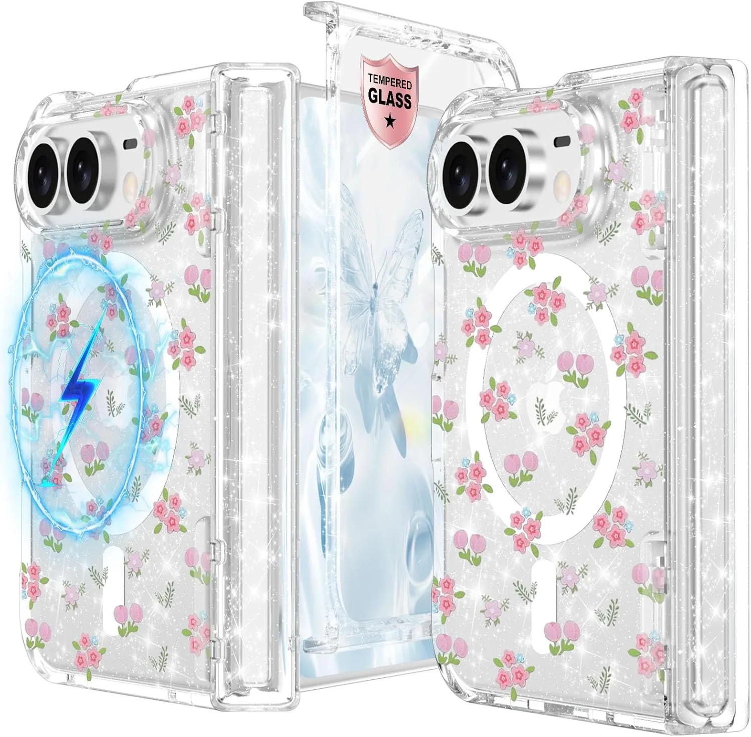 for iPhone Duo Case Clear Glitter Magnetic with Hinge Protection