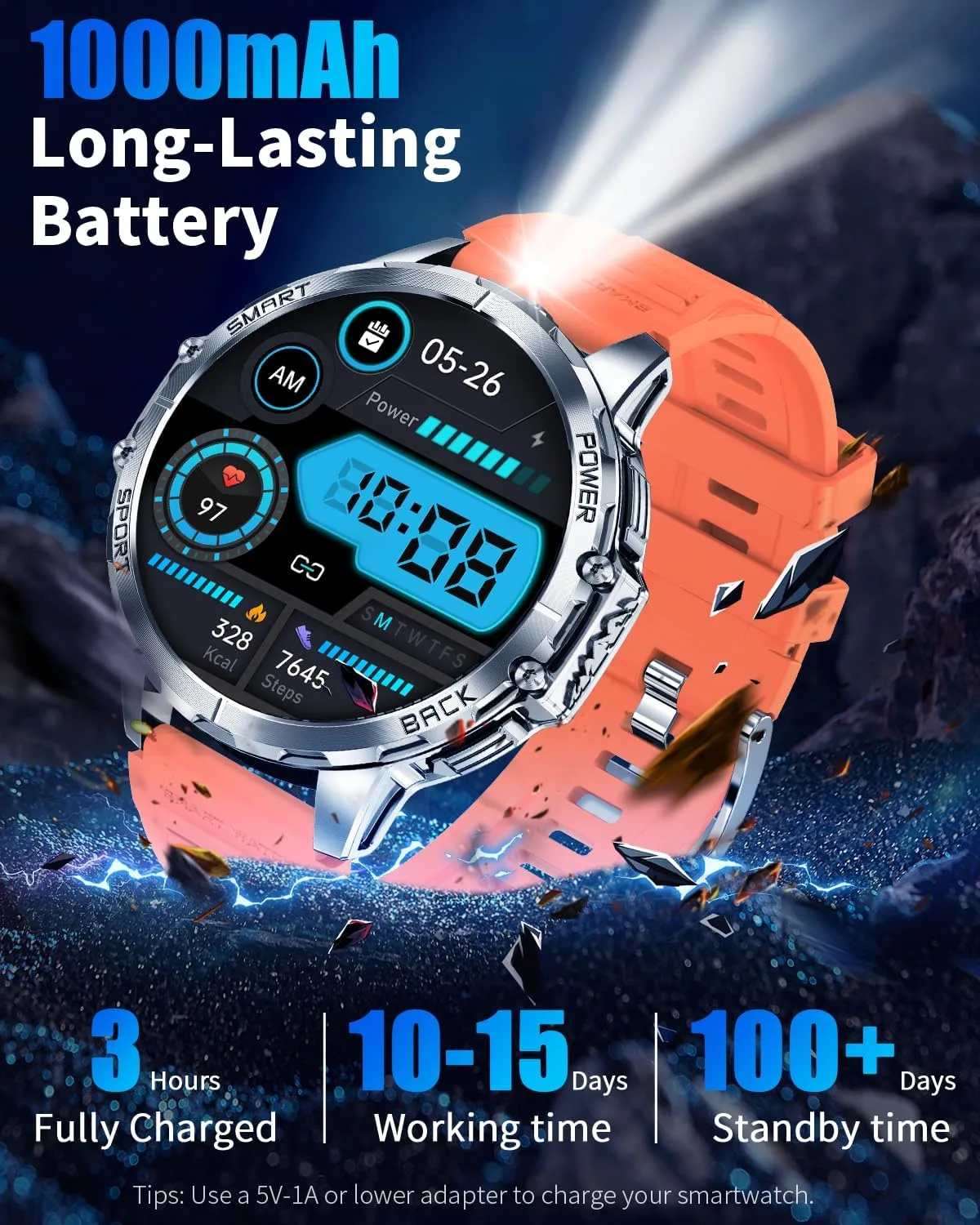 Military Smartwatch for Men, Top-Mounted Flashlight, 1200mAh Battery