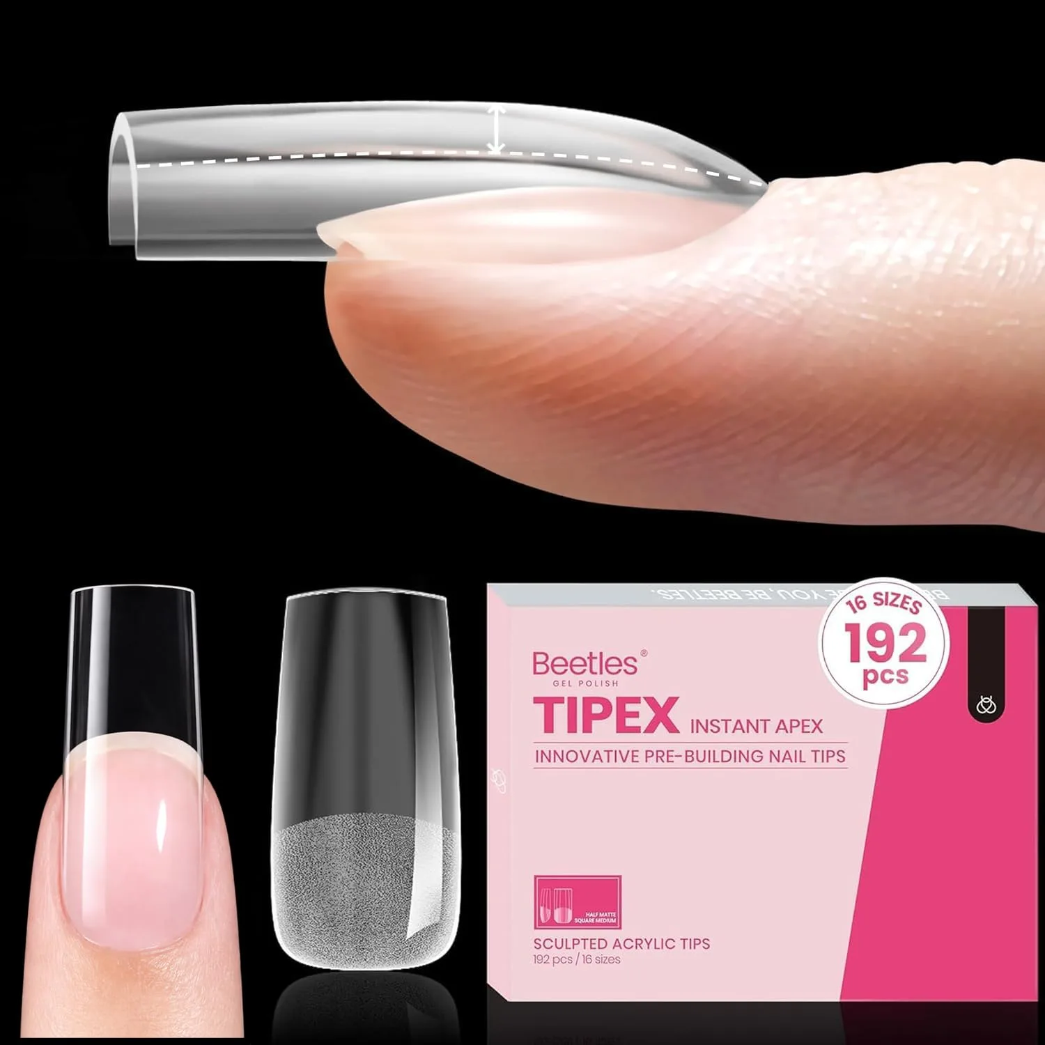 Beetles Tipex Instant Apex Nail Tips, Medium Square, 192pcs 16 Sizes(00-14)