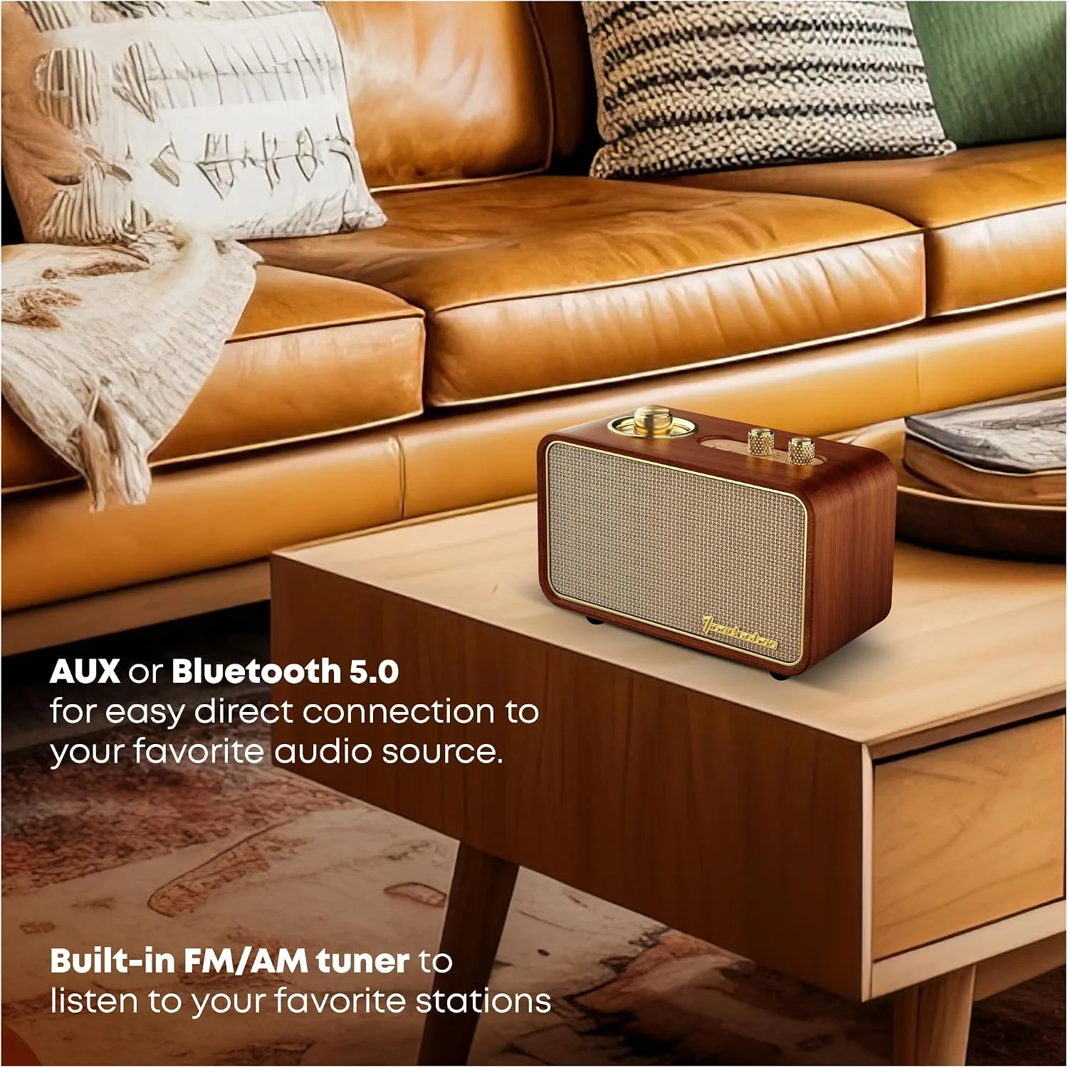 Bluetooth Speaker with AM/FM Radio, Vintage, Portable, Wood