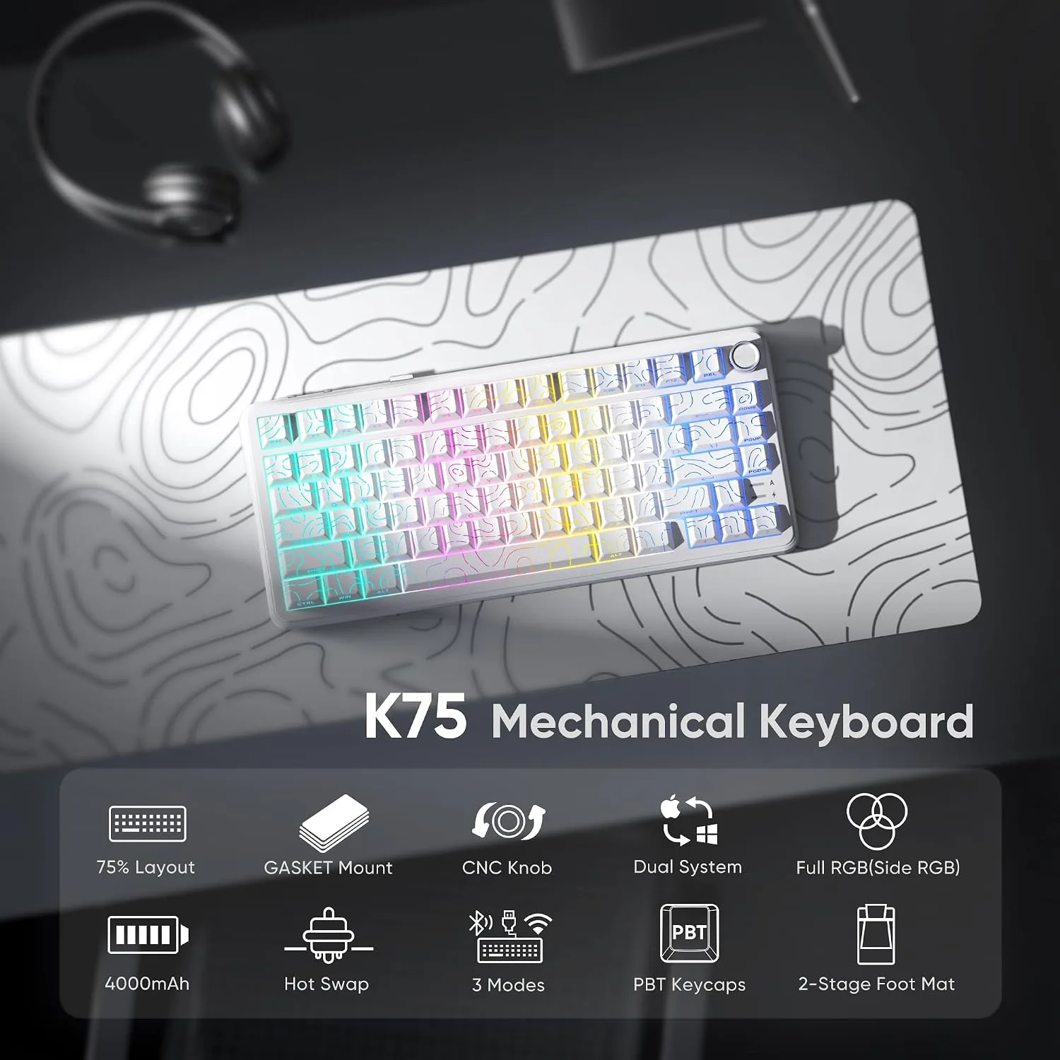 RedThunder K75 Wireless Mechanical Keyboard, CNC Knob, Tri-Mode BT5.0/2.4GHz/USB-C Hot Swappable Custom, Pre-lubed Linear Coconut Switches, Gasket Structure, RGB Gaming Keyboard, White Contour Lines