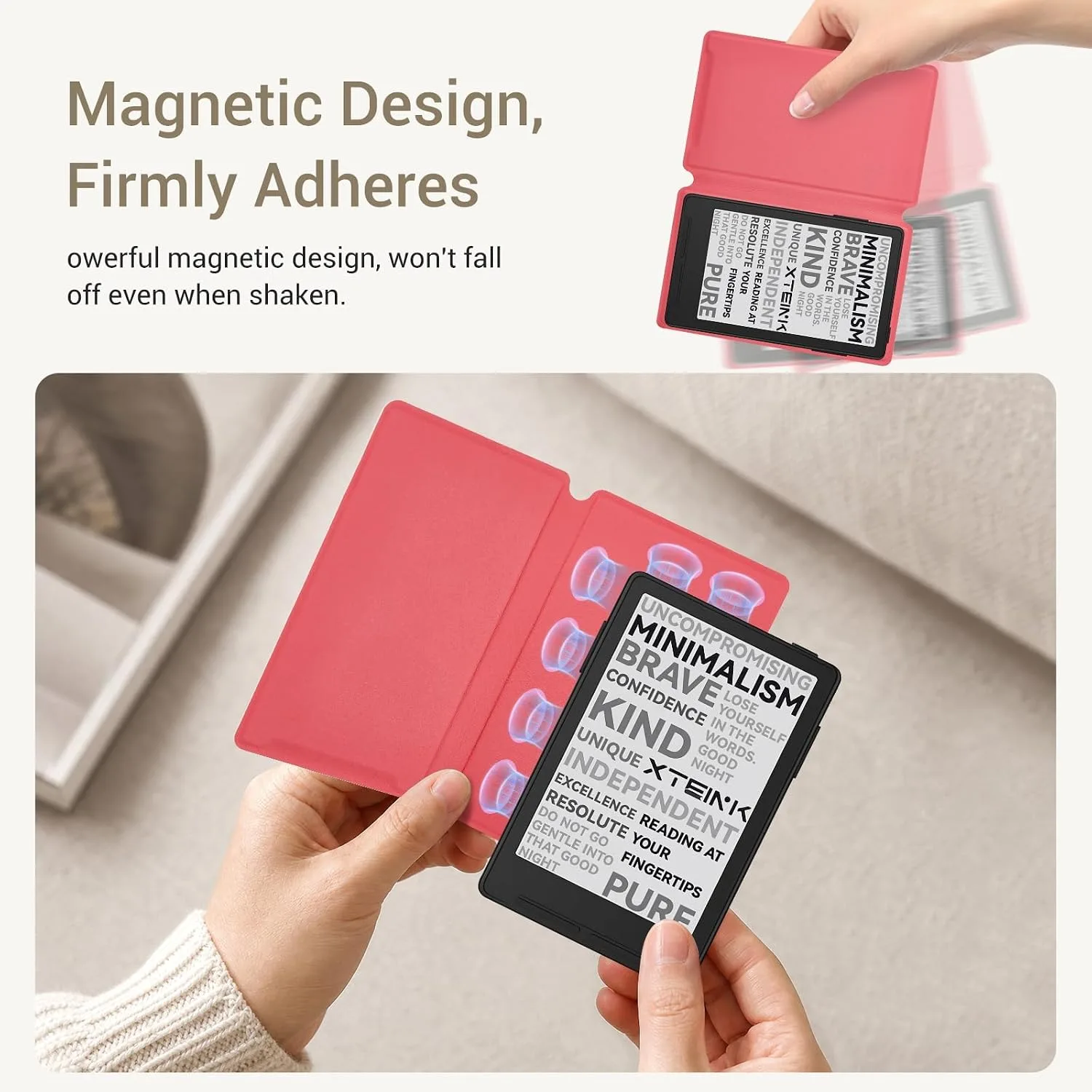 CoBak Magnetic Case for XTEINK X3 eBook Reader, 3.7" Ultra-Lightweight PU Leather Cover(Rose Red)
